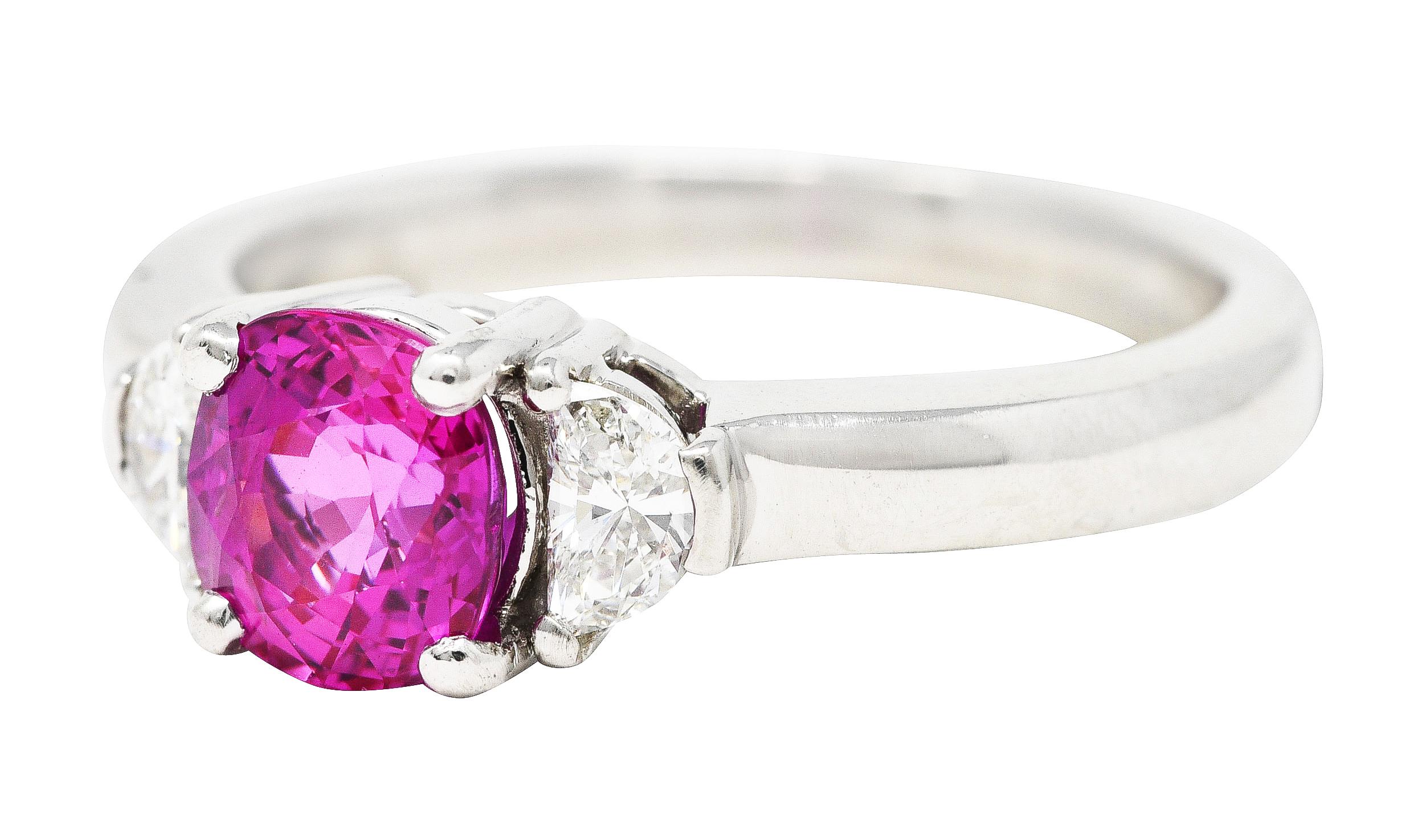 Vintage 1.78 Carats Pink Sapphire Diamond Platinum Three Stone Ring In Excellent Condition For Sale In Philadelphia, PA