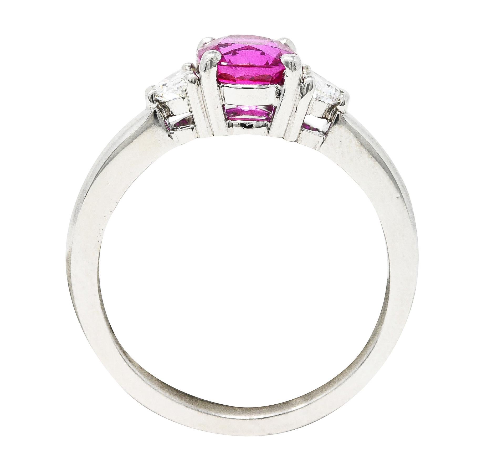 Vintage 1.78 Carats Pink Sapphire Diamond Platinum Three Stone Ring For Sale 1