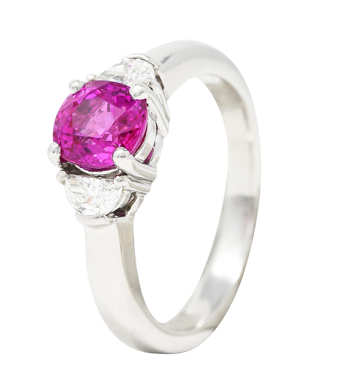 Vintage 1.78 Carats Pink Sapphire Diamond Platinum Three Stone Ring For Sale 2