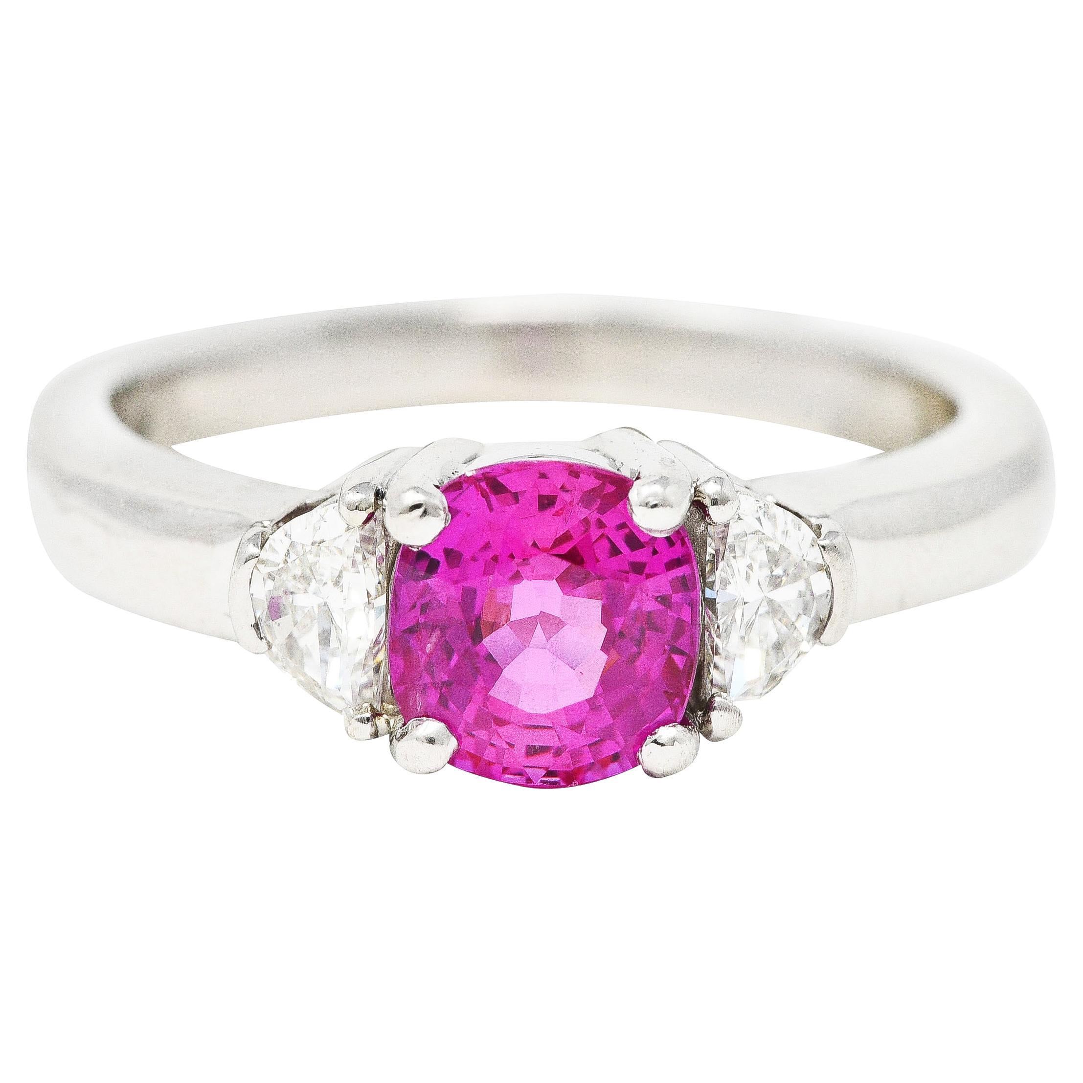 Vintage 1.78 Carats Pink Sapphire Diamond Platinum Three Stone Ring For Sale