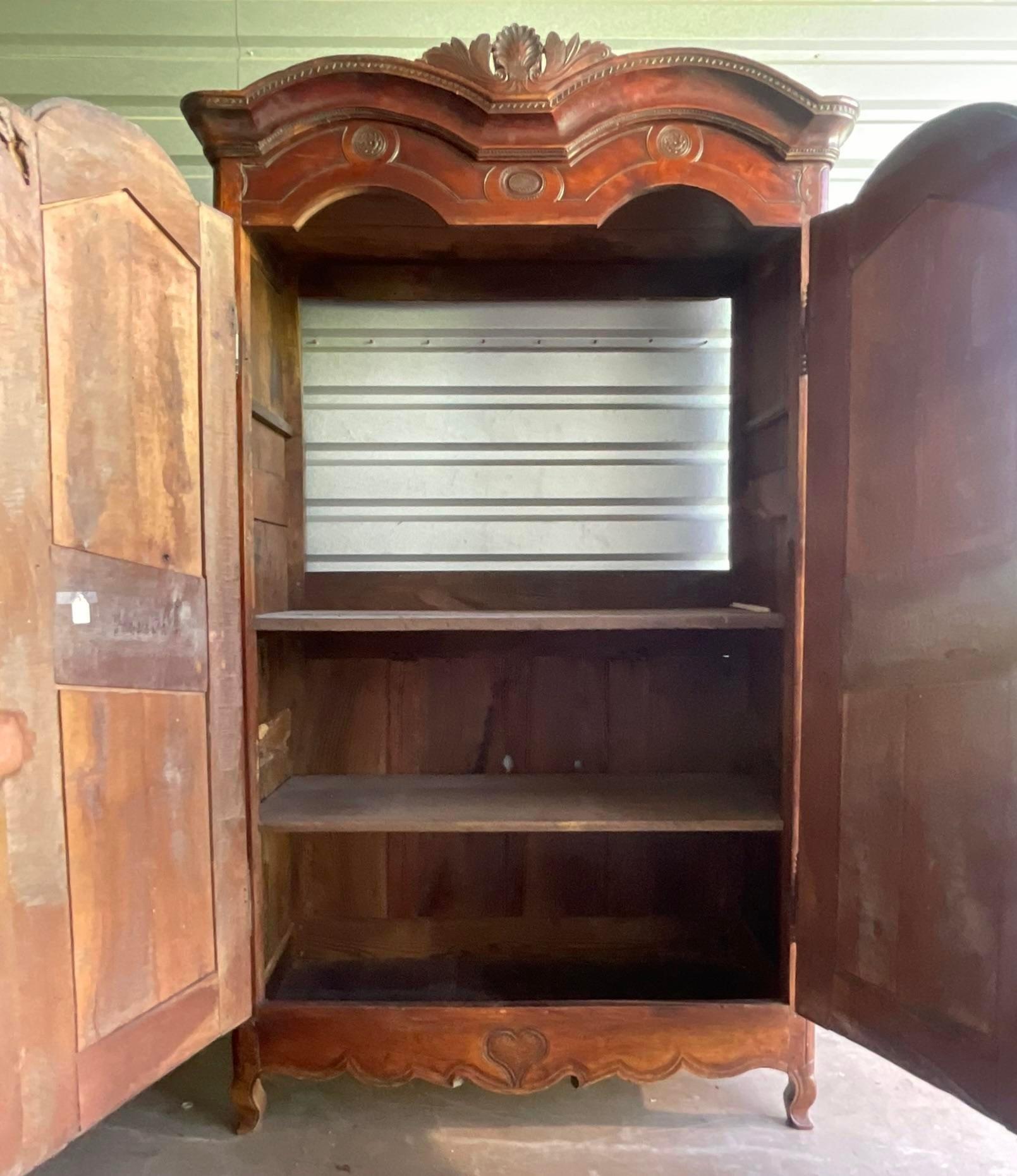 Vintage 1780s Carved Chestnut Armoire In Good Condition For Sale In west palm beach, FL