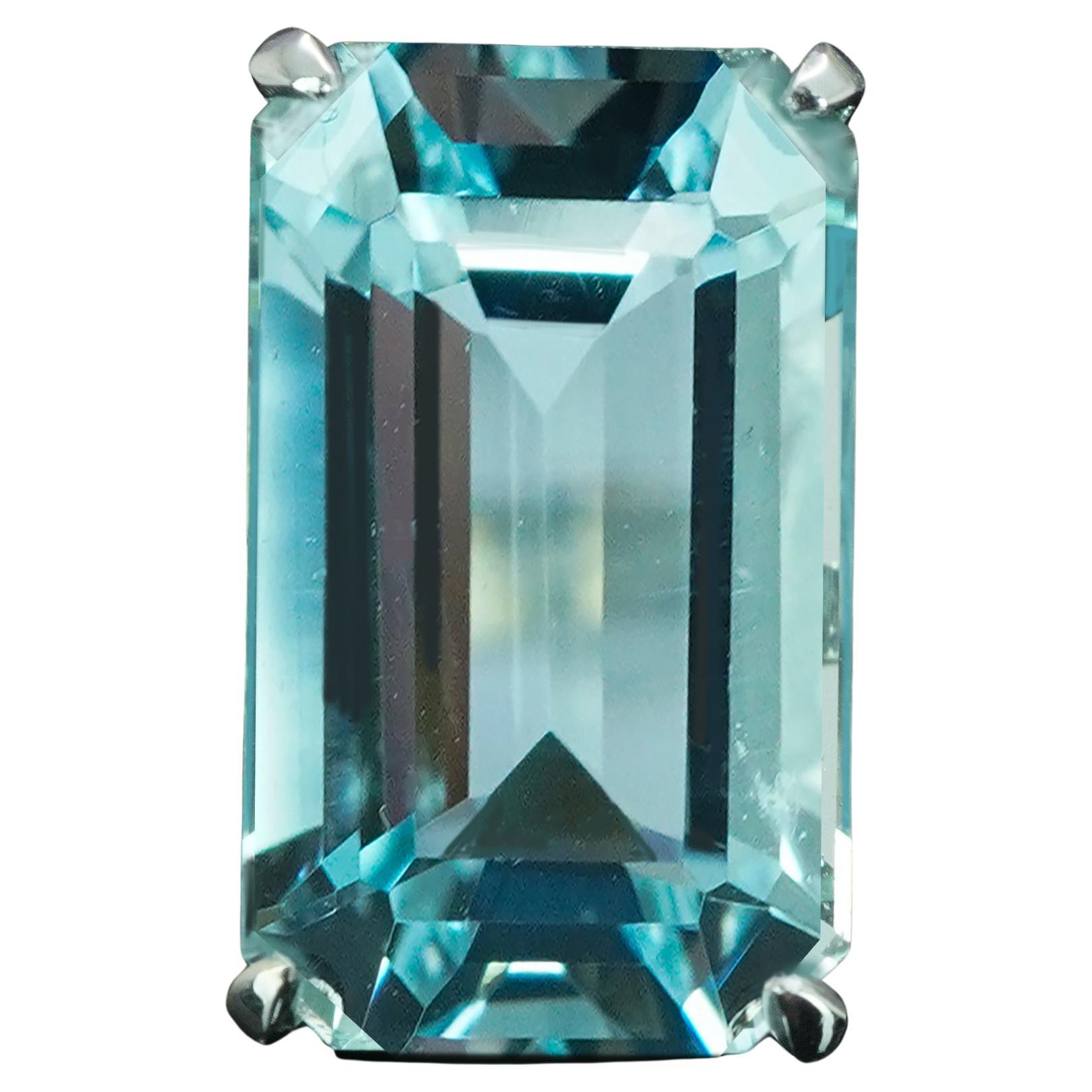 Vintage 17ct Aguamarina corte esmeralda Solitario Oro Blanco 14K Gran Anillo de Cóctel