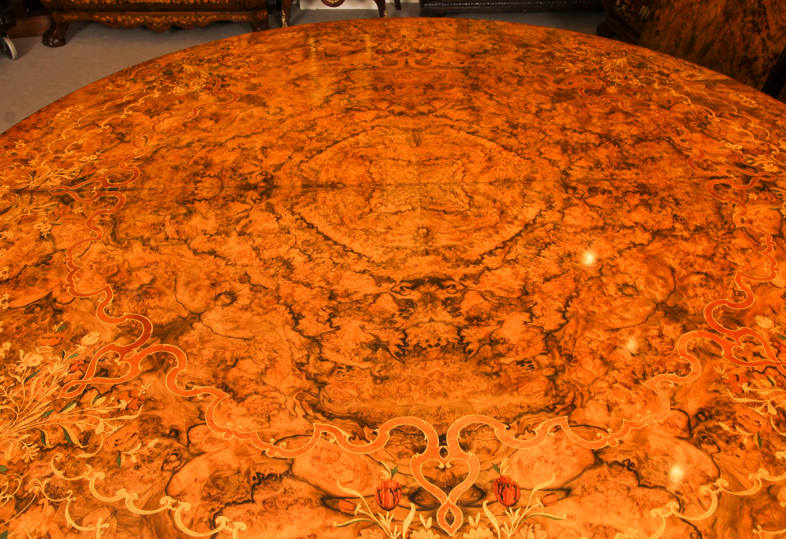 Vintage 17ft / 5 meter Floral Marquetry Burr Walnut Dining Table 20th C 12