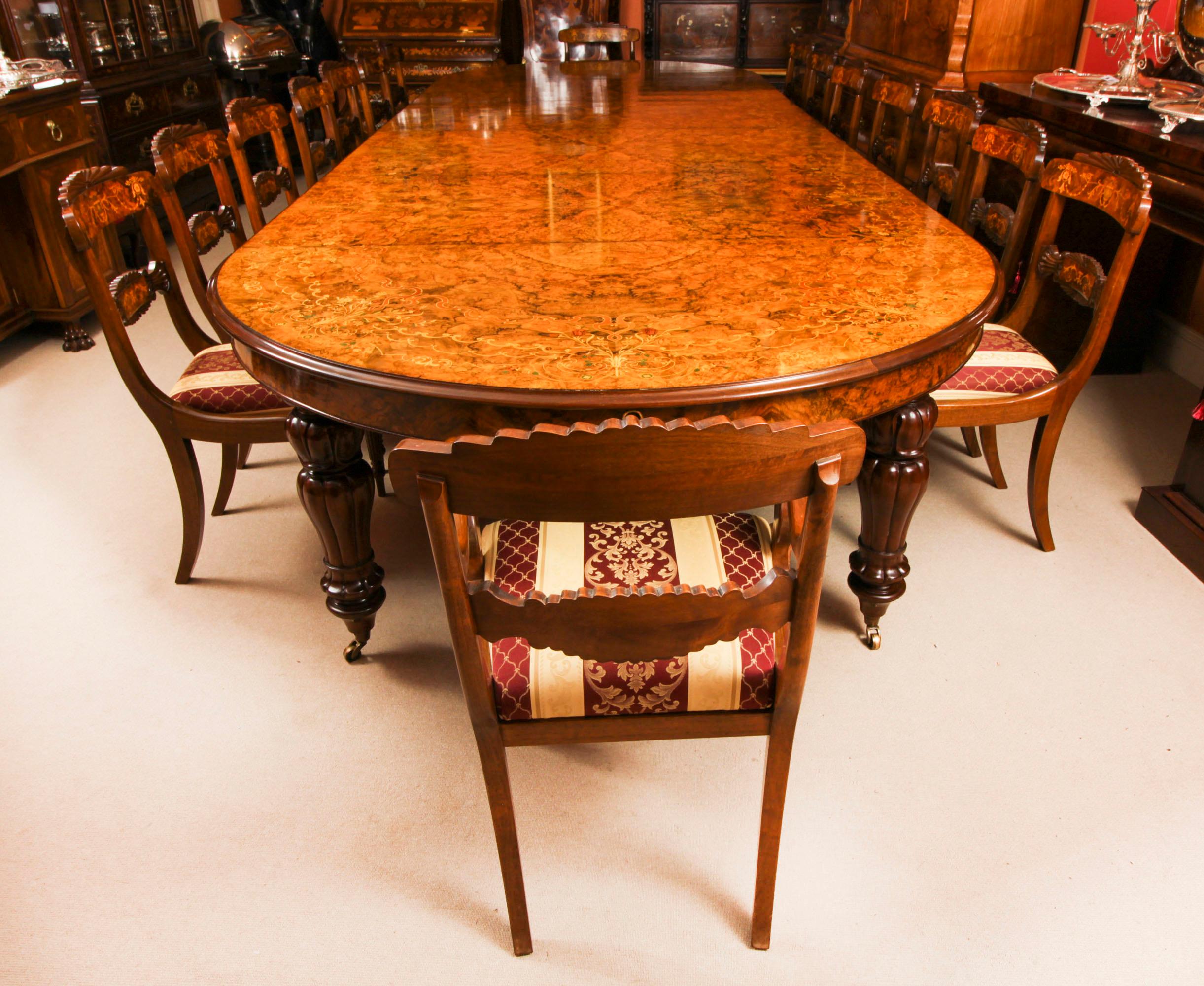 Vintage 17ft / 5 meter Floral Marquetry Burr Walnut Dining Table 20th C In Good Condition For Sale In London, GB