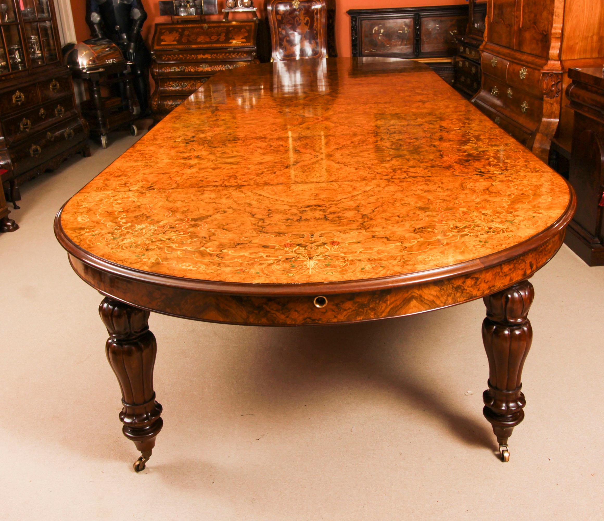 20th Century Vintage 17ft / 5 meter Floral Marquetry Burr Walnut Dining Table 20th C For Sale