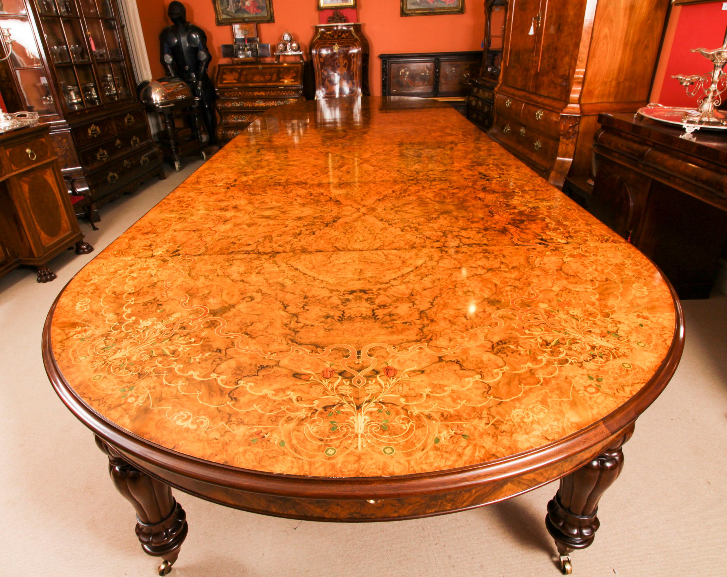 Vintage 17ft / 5 meter Floral Marquetry Burr Walnut Dining Table 20th C 1