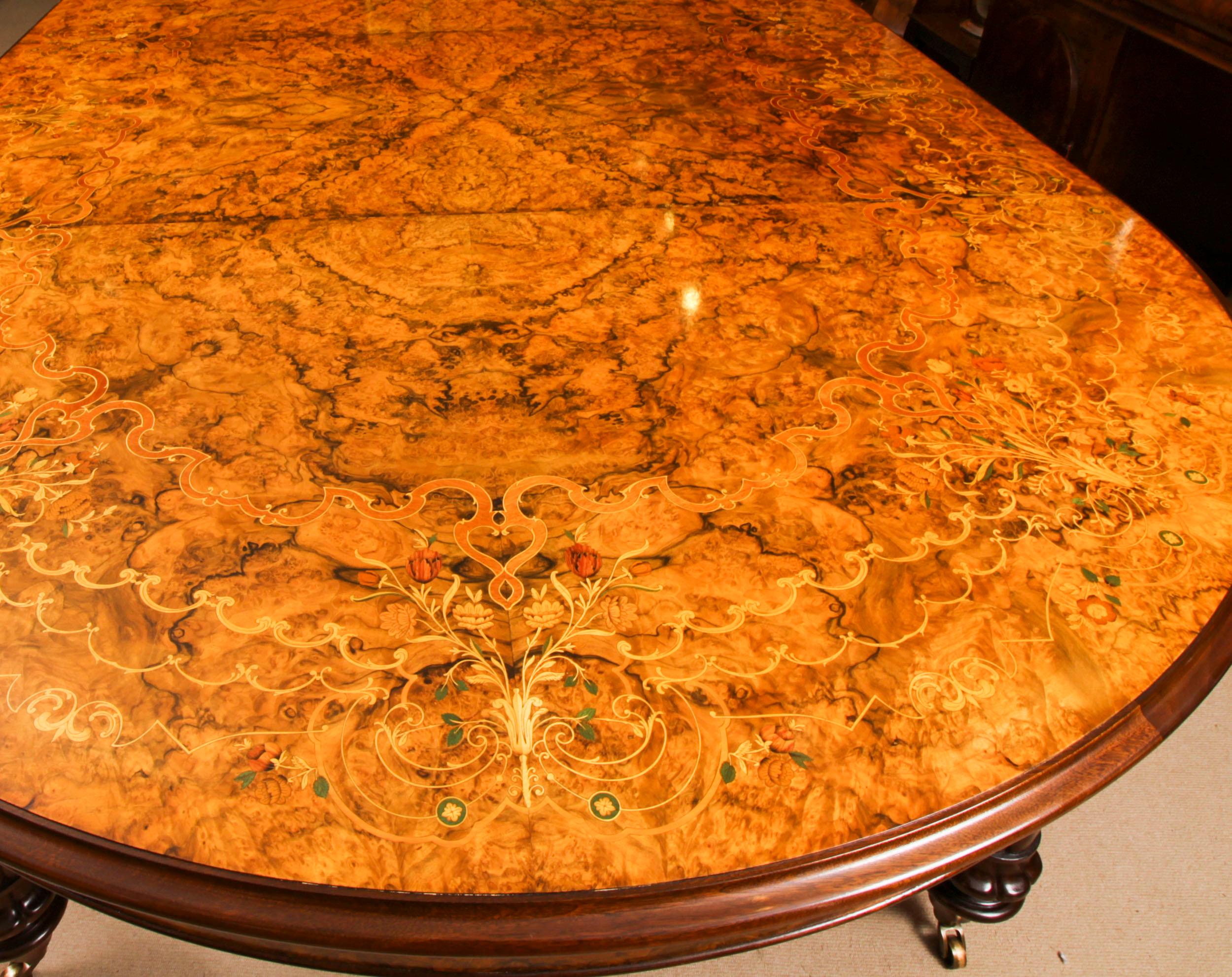 Vintage 17ft / 5 meter Floral Marquetry Burr Walnut Dining Table 20th C For Sale 2