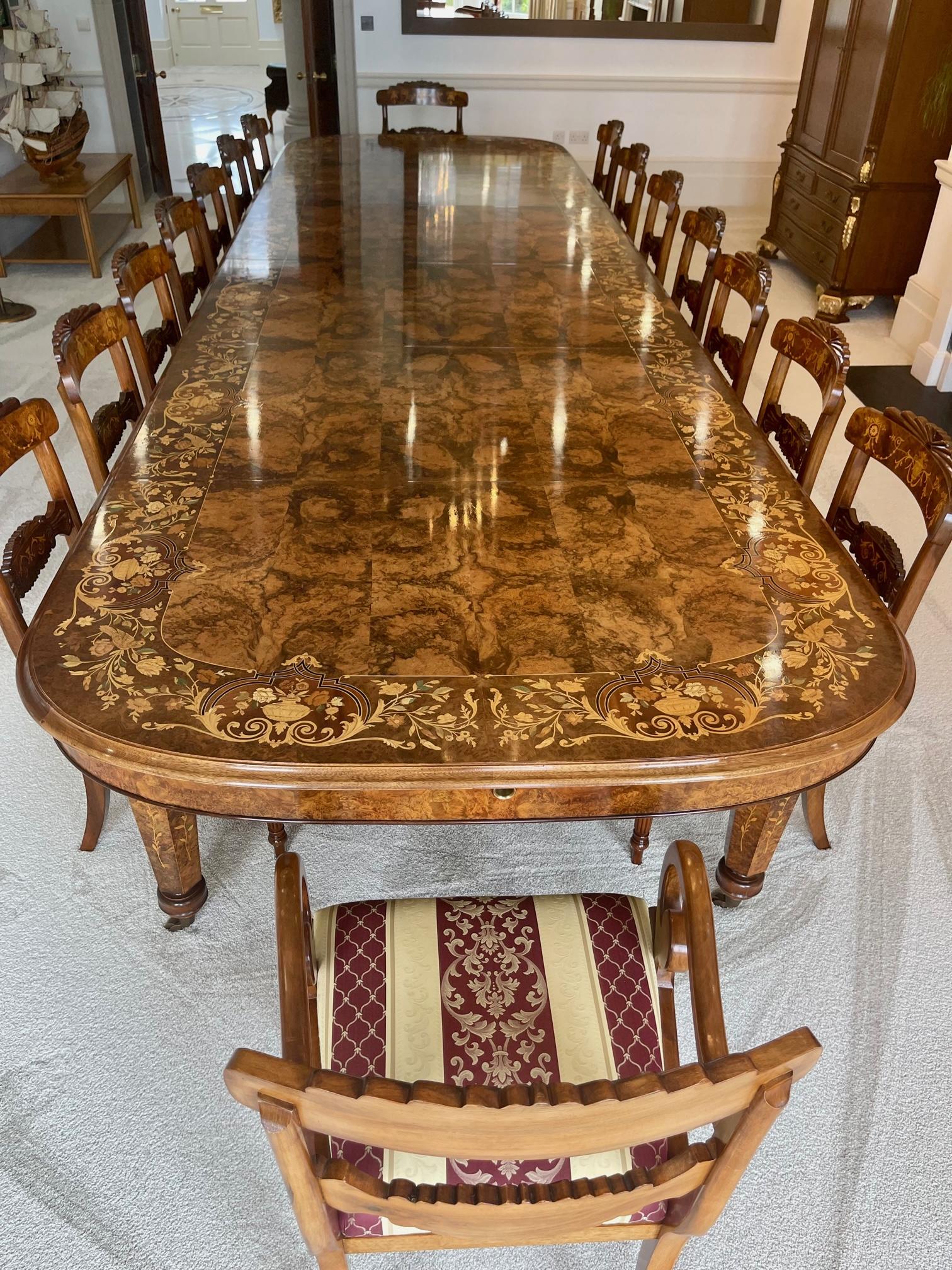 Vintage Marquetry Burr Walnut Extending Dining Table & 18 Chairs 20th C 14