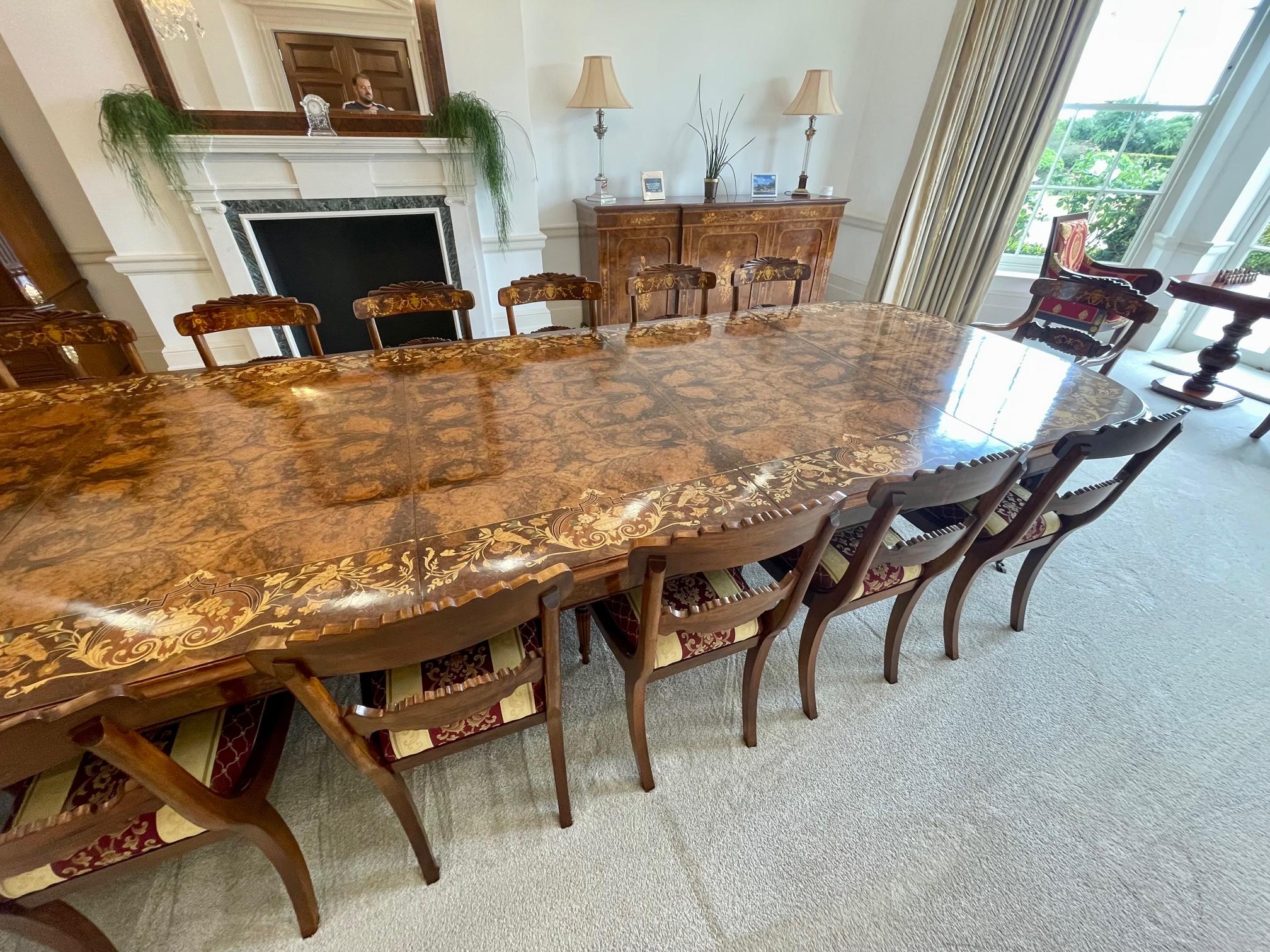 Vintage Marquetry Burr Walnut Extending Dining Table & 18 Chairs 20th C 15