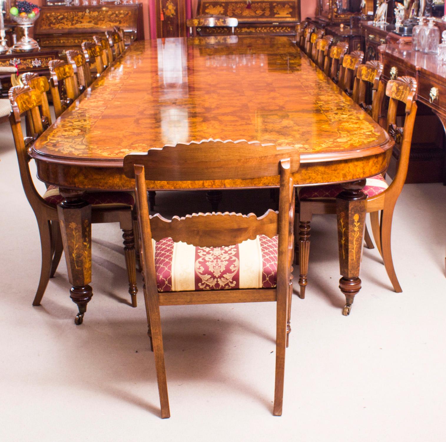 Victorian Vintage Marquetry Burr Walnut Extending Dining Table & 18 Chairs 20th C