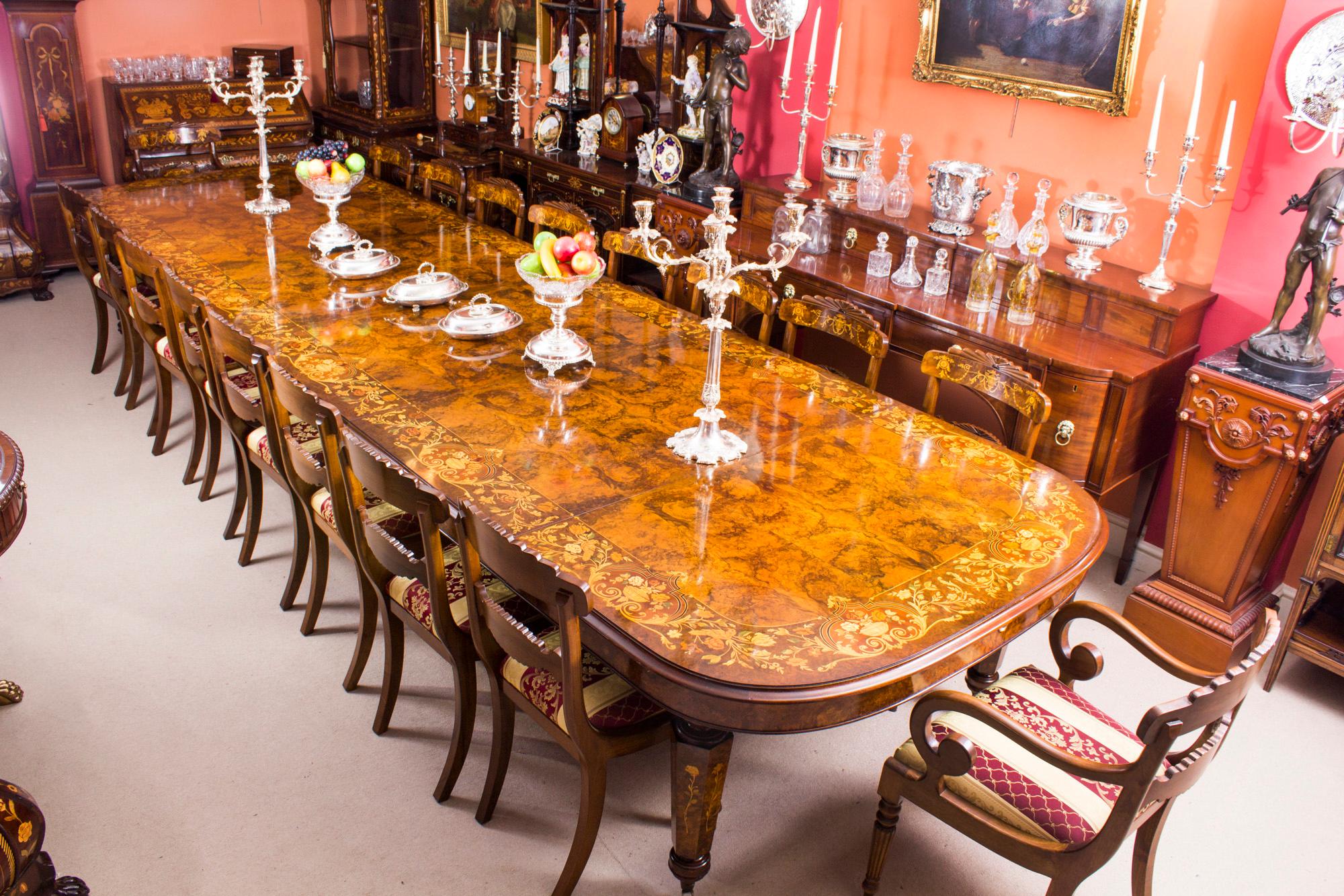 Vintage Marquetry Burr Walnut Extending Dining Table & 18 Chairs 20th C In Good Condition In London, GB