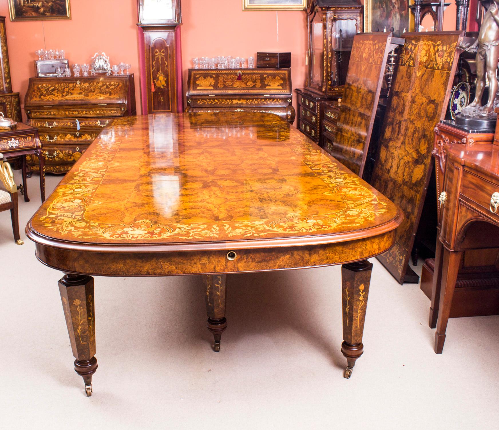 Vintage Marquetry Burr Walnut Extending Dining Table & 18 Chairs 20th C 3