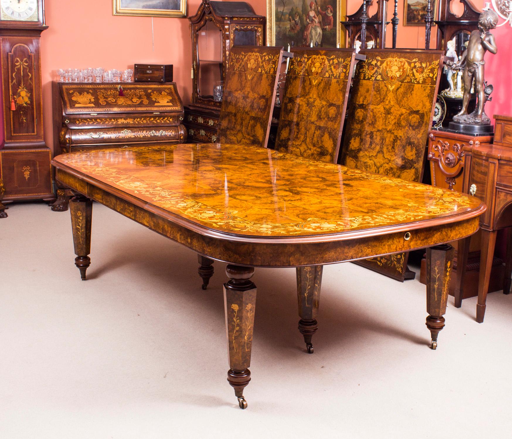 Vintage Marquetry Burr Walnut Extending Dining Table & 18 Chairs 20th C 4