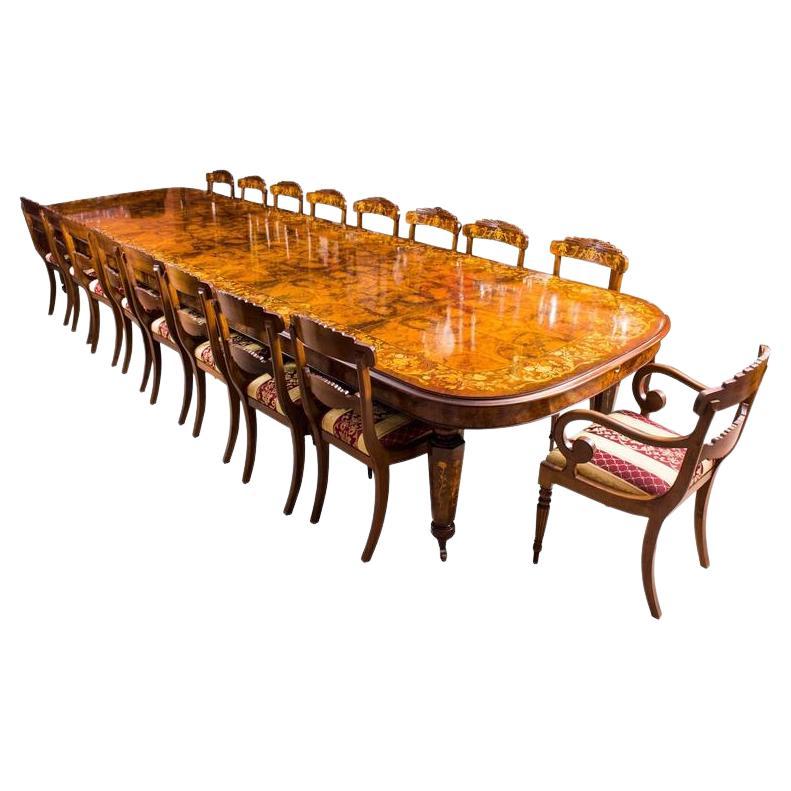 Vintage Marquetry Burr Walnut Extending Dining Table & 18 Chairs 20th C