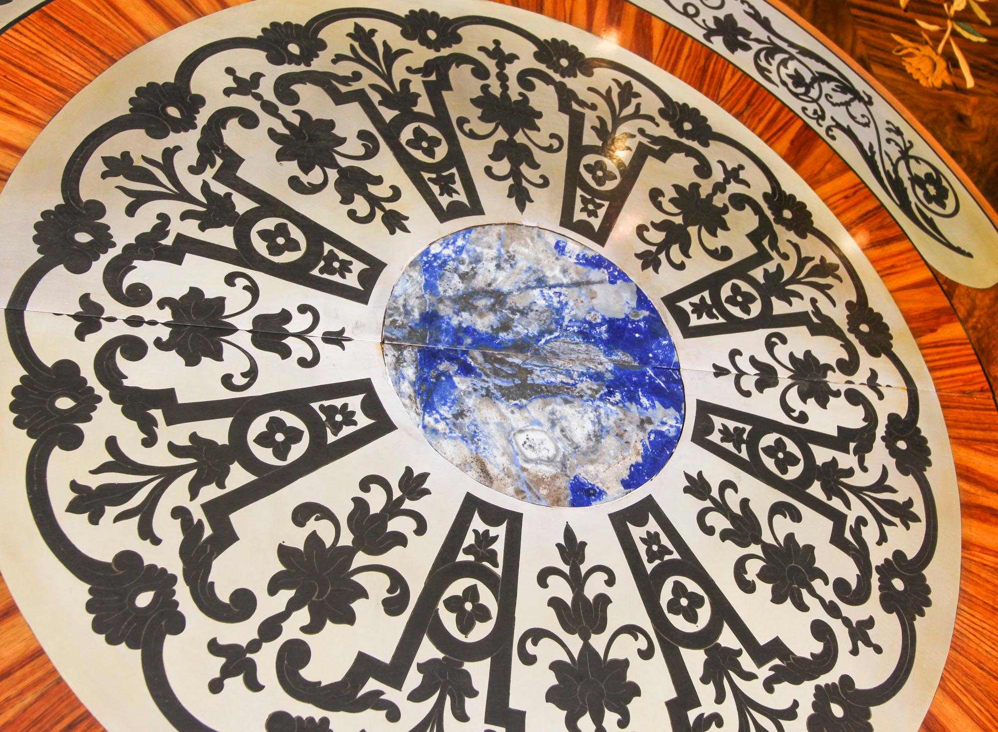 Vintage Marquetry Dining Table, Pewter, Lapis Lazuli & Agate Inlaid 10