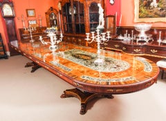 Vintage Marquetry Dining Table, Pewter, Lapis Lazuli & Agate Inlaid