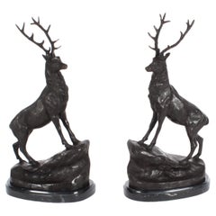 Retro Pair of Bronze Stags Deer 20th C