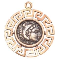 Vintage 17k Rose Gold Meander Frame Goddess Athena Silver Coin Pendant