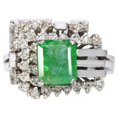 Vintage 17k White Gold 1.15ct Emerald and Diamond Ring