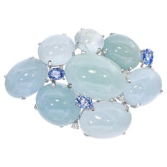 Vintage 17k White Gold Aquamarine, Sapphire, and Diamond Cluster Brooch