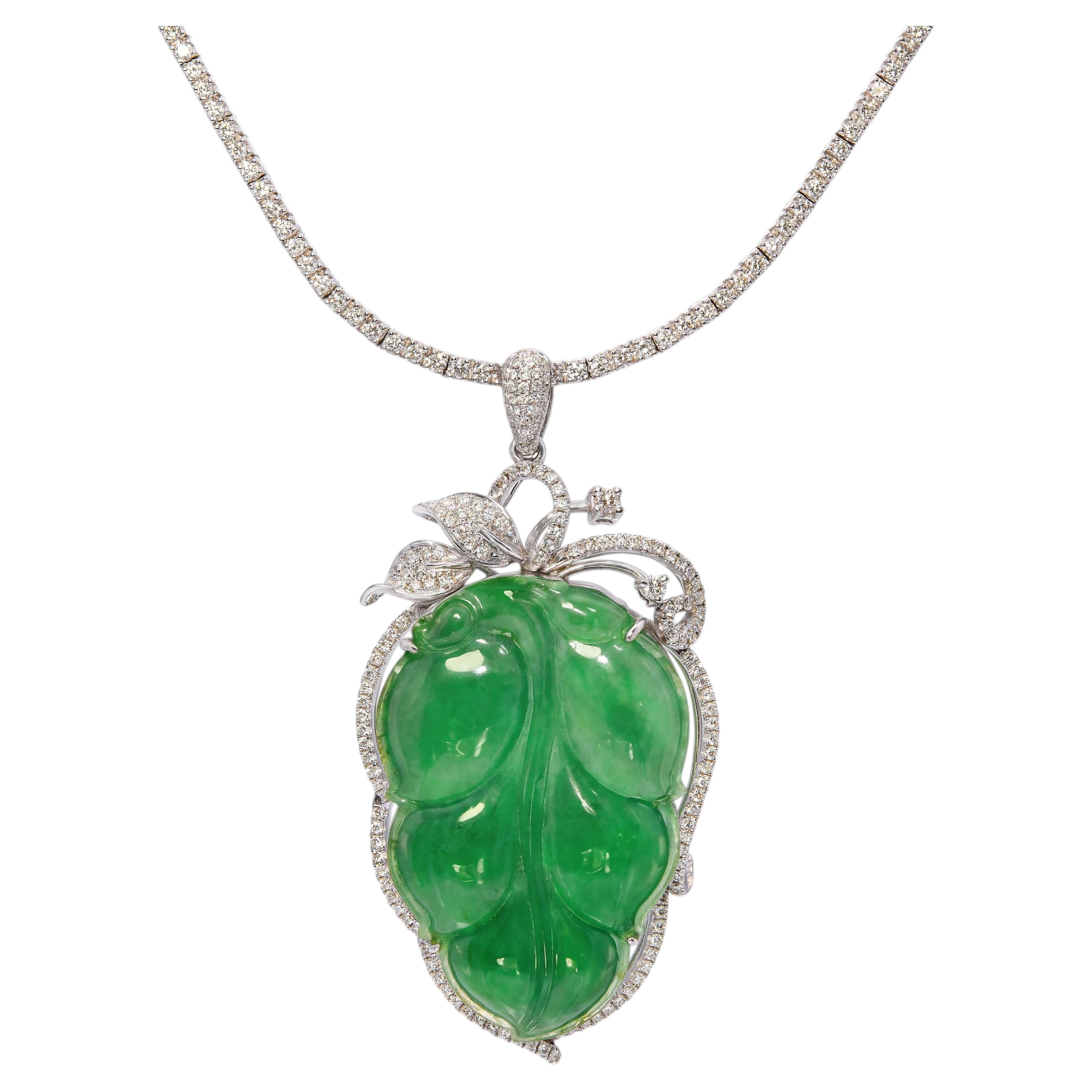 Vintage 17k White Gold Carved Jade Leaf and Diamond Line Necklace