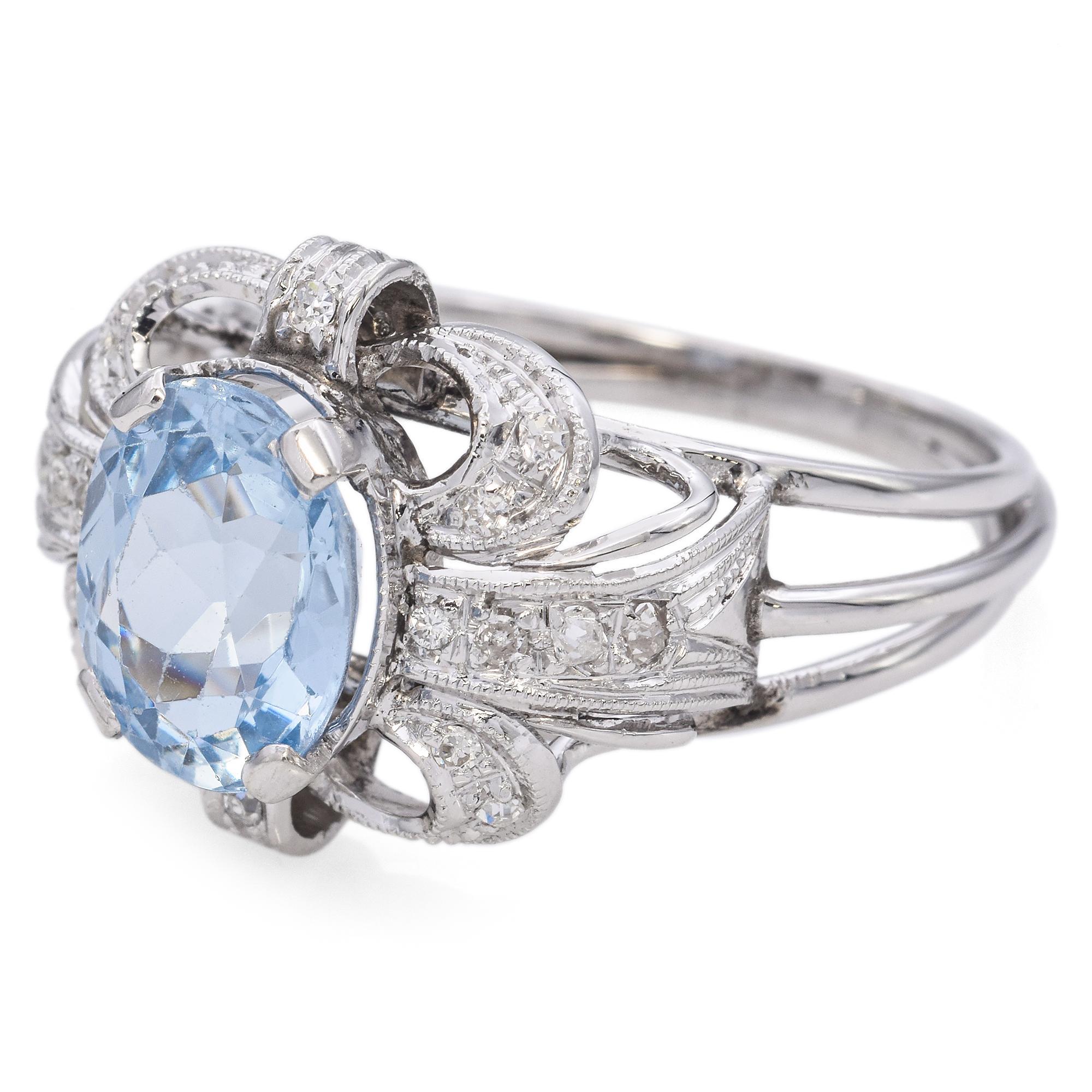 Oval Cut Vintage 17K White Gold Oval 3.6 Ct. Blue Topaz and Diamond Ring