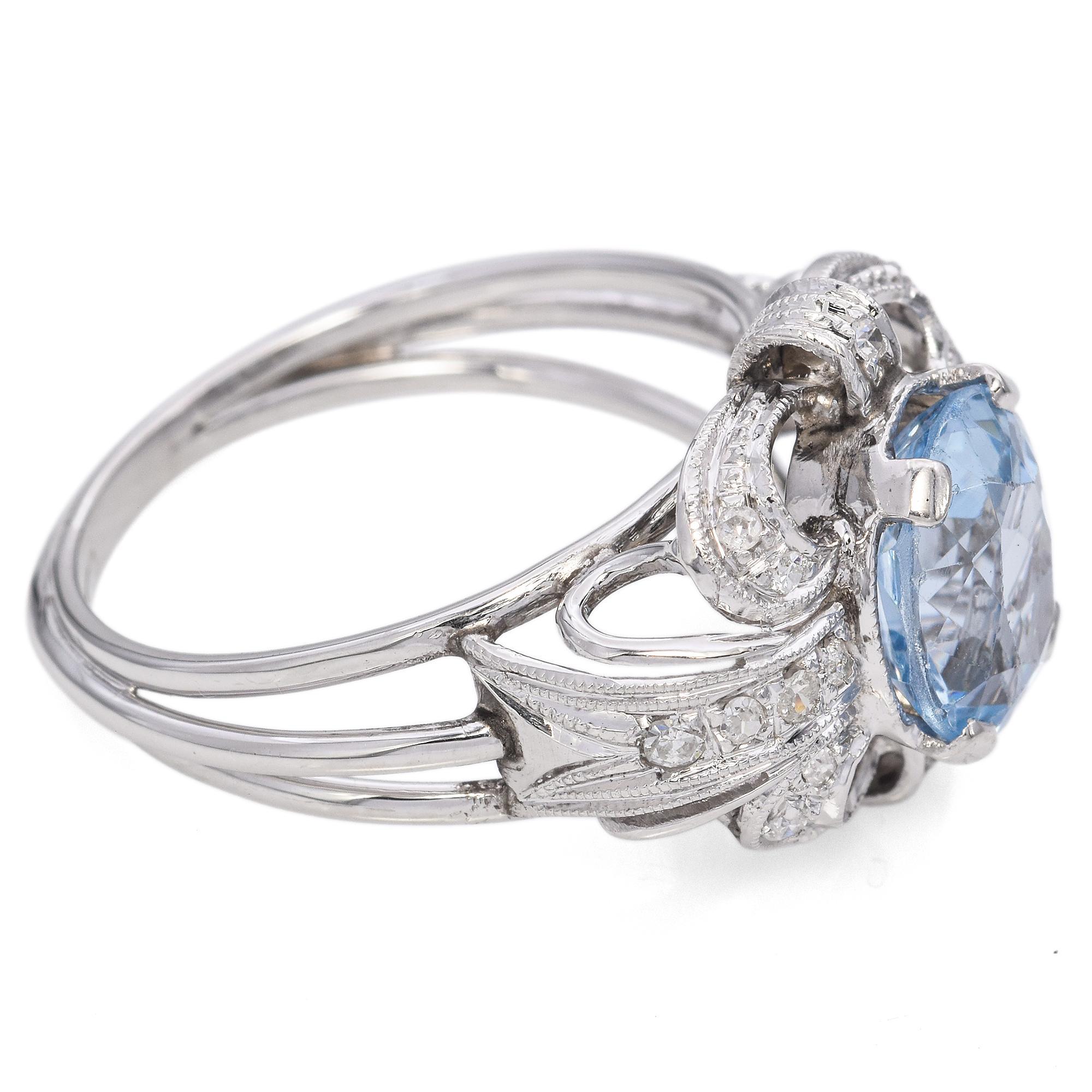Vintage 17K White Gold Oval 3.6 Ct. Blue Topaz and Diamond Ring In Good Condition In New York, NY