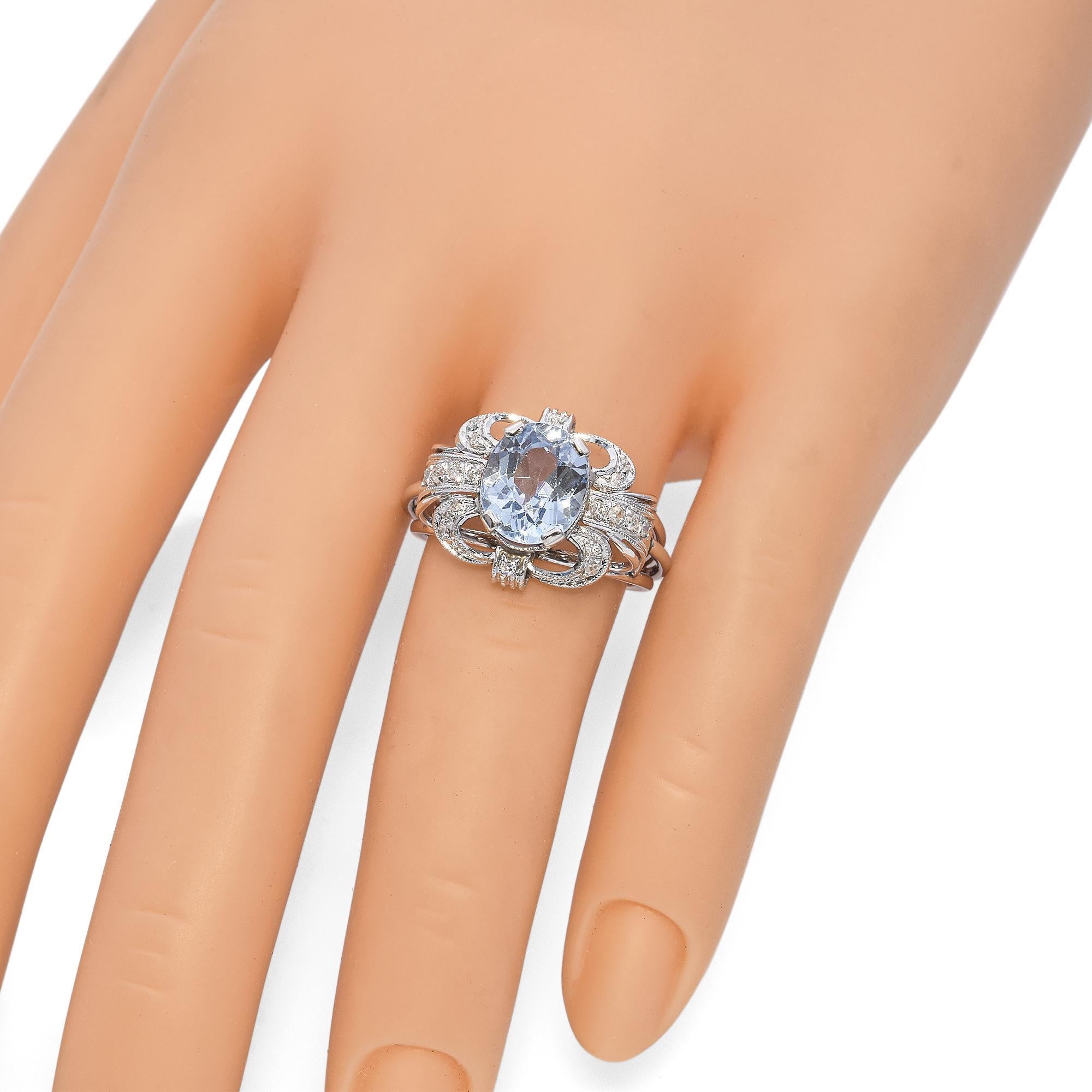 Vintage 17K White Gold Oval 3.6 Ct. Blue Topaz and Diamond Ring 1