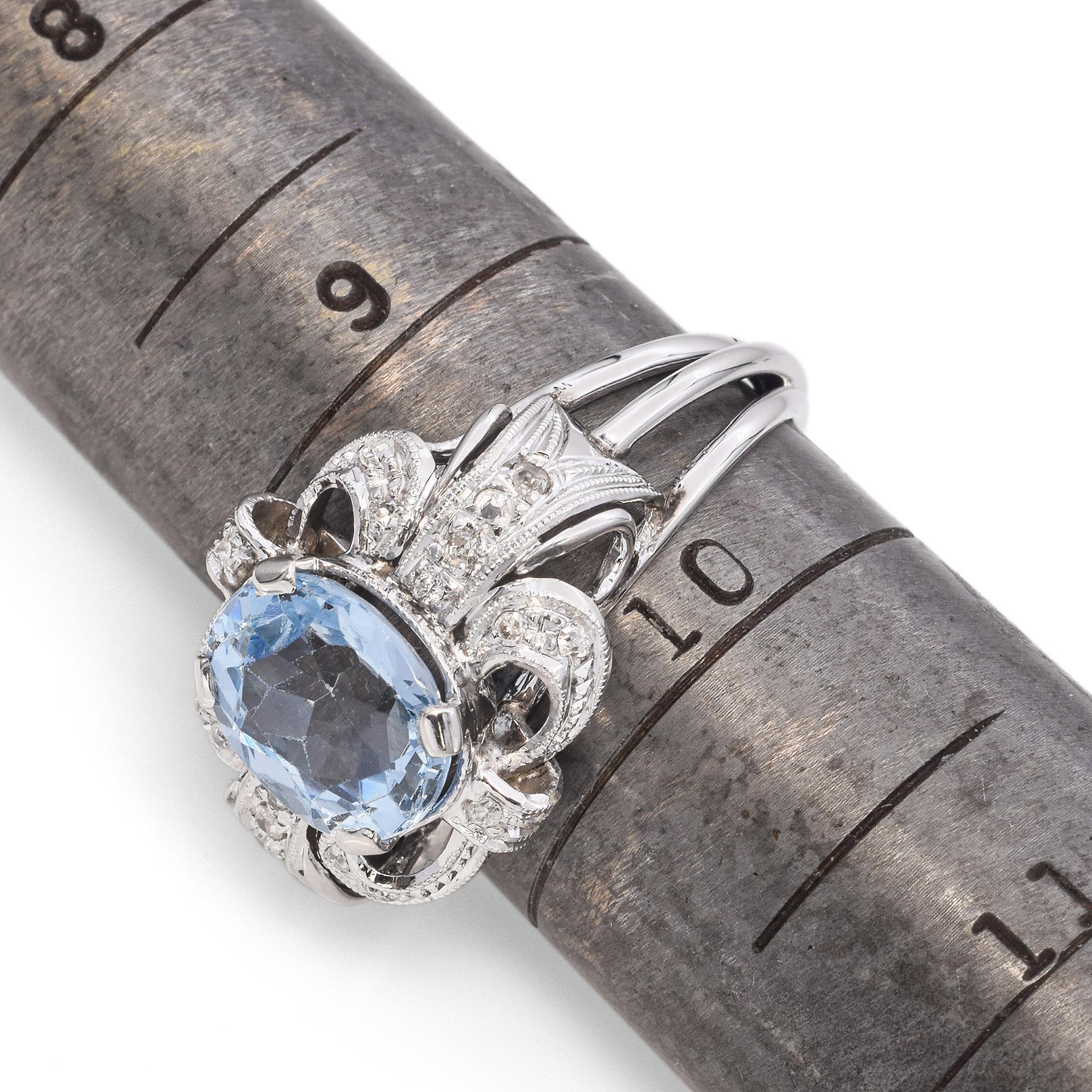 Vintage 17K White Gold Oval 3.6 Ct. Blue Topaz and Diamond Ring 2
