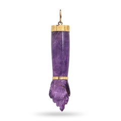 Vintage 17K Yellow Gold Carved Amethyst Figa Hand Amulet Pendant