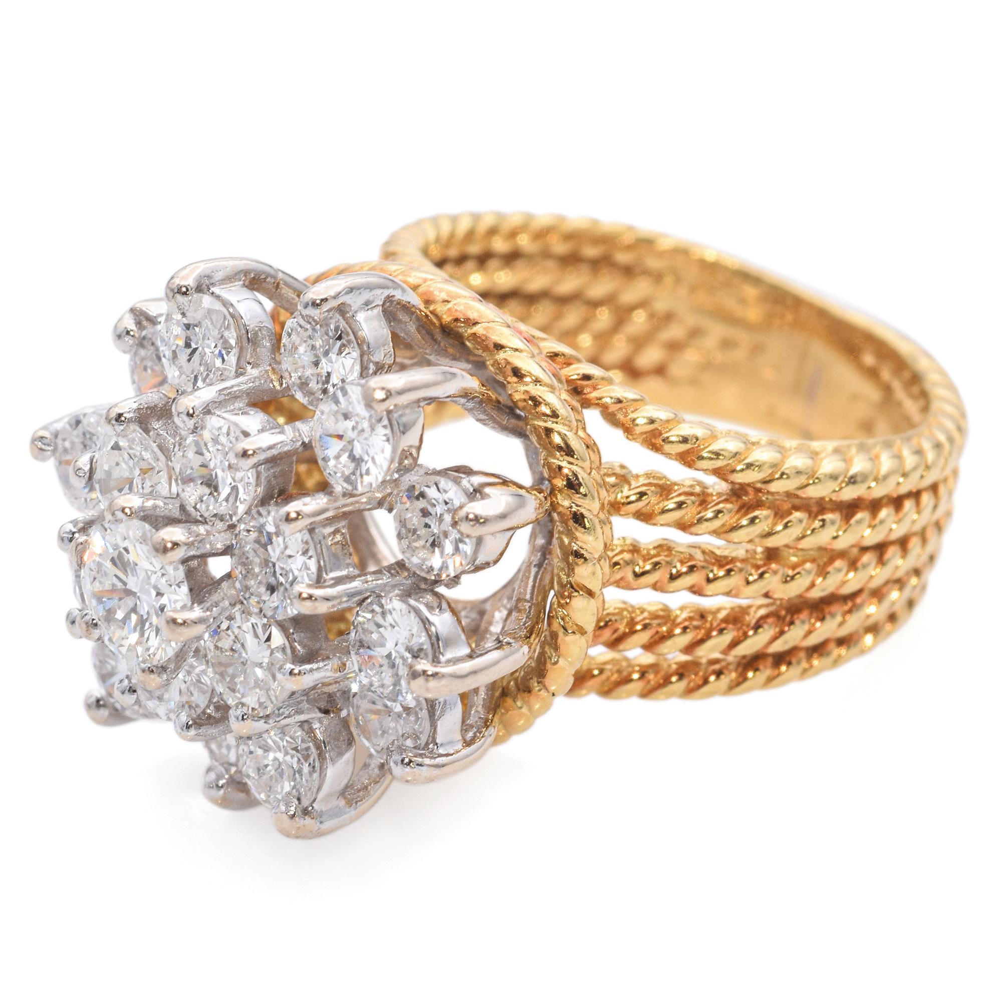 Round Cut Vintage 17k Yellow Gold Diamond Cluster Cocktail Ring For Sale