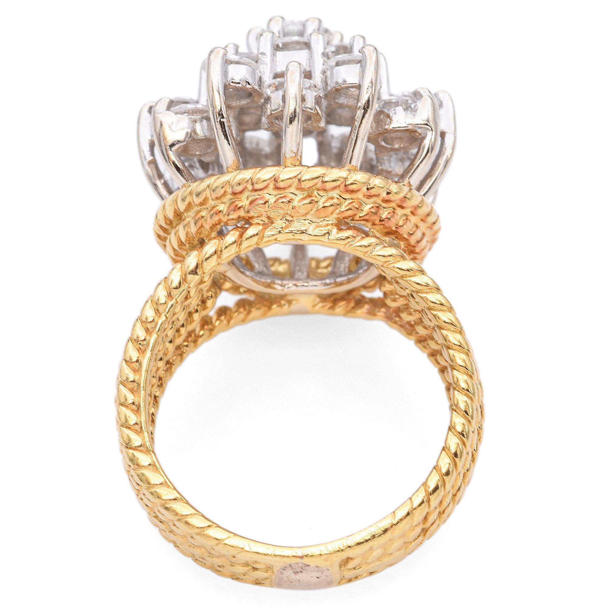 Vintage 17k Yellow Gold Diamond Cluster Cocktail Ring In Good Condition For Sale In New York, NY