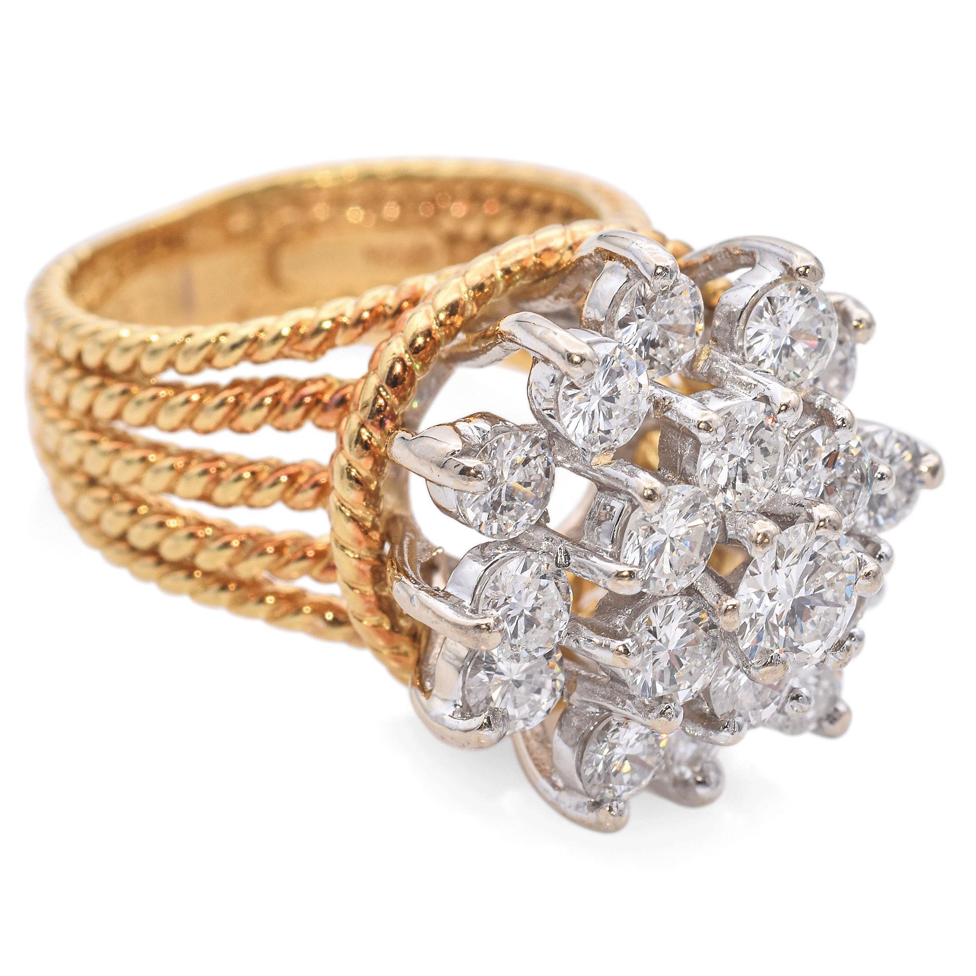 Women's Vintage 17k Yellow Gold Diamond Cluster Cocktail Ring For Sale