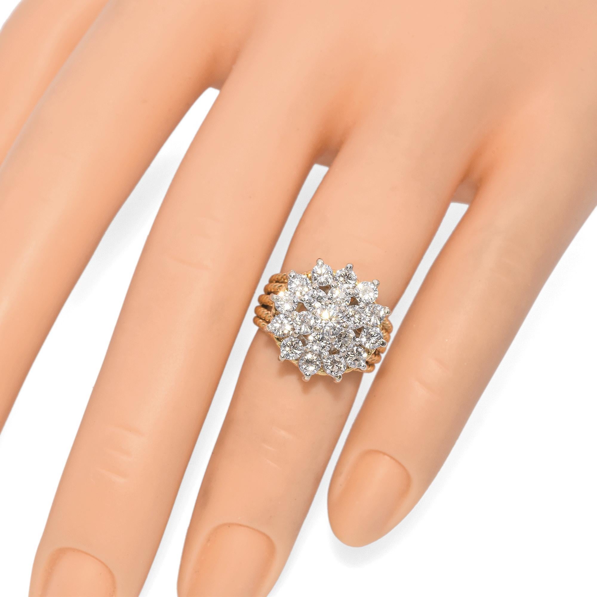 Vintage 17k Yellow Gold Diamond Cluster Cocktail Ring For Sale 2