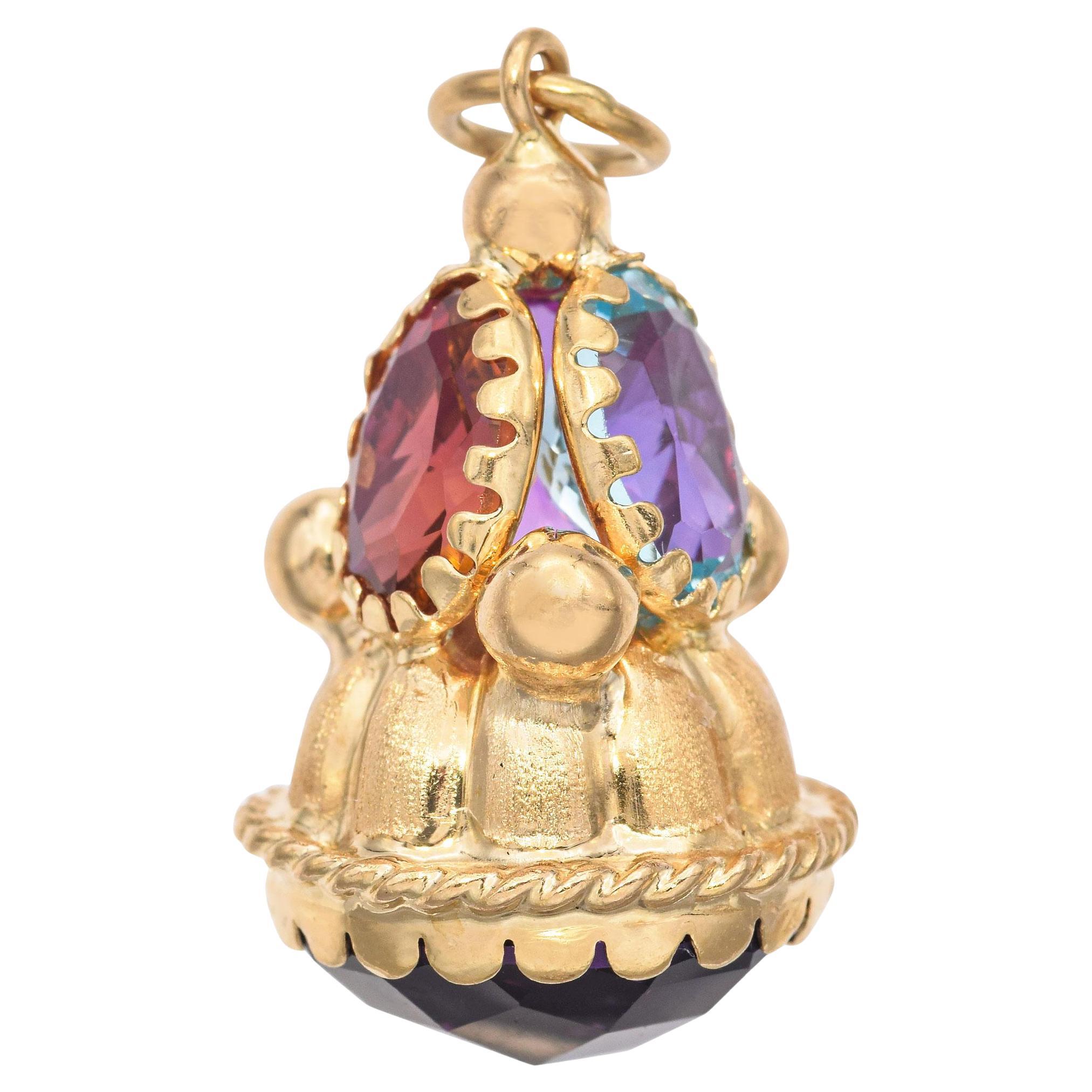 Vintage 17k Yellow Gold Multi Gemstone Charm Pendant