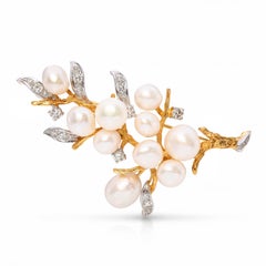 Vintage 17k Yellow Gold Pearl and 1.01ctw Diamond Branch and Leaves Brooch