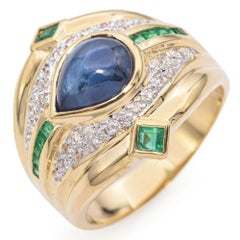 Vintage 17k Yellow Gold Sapphire, Diamond and Emerald Ring