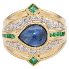 Vintage 17k Yellow Gold Sapphire, Diamond and Emerald Ring