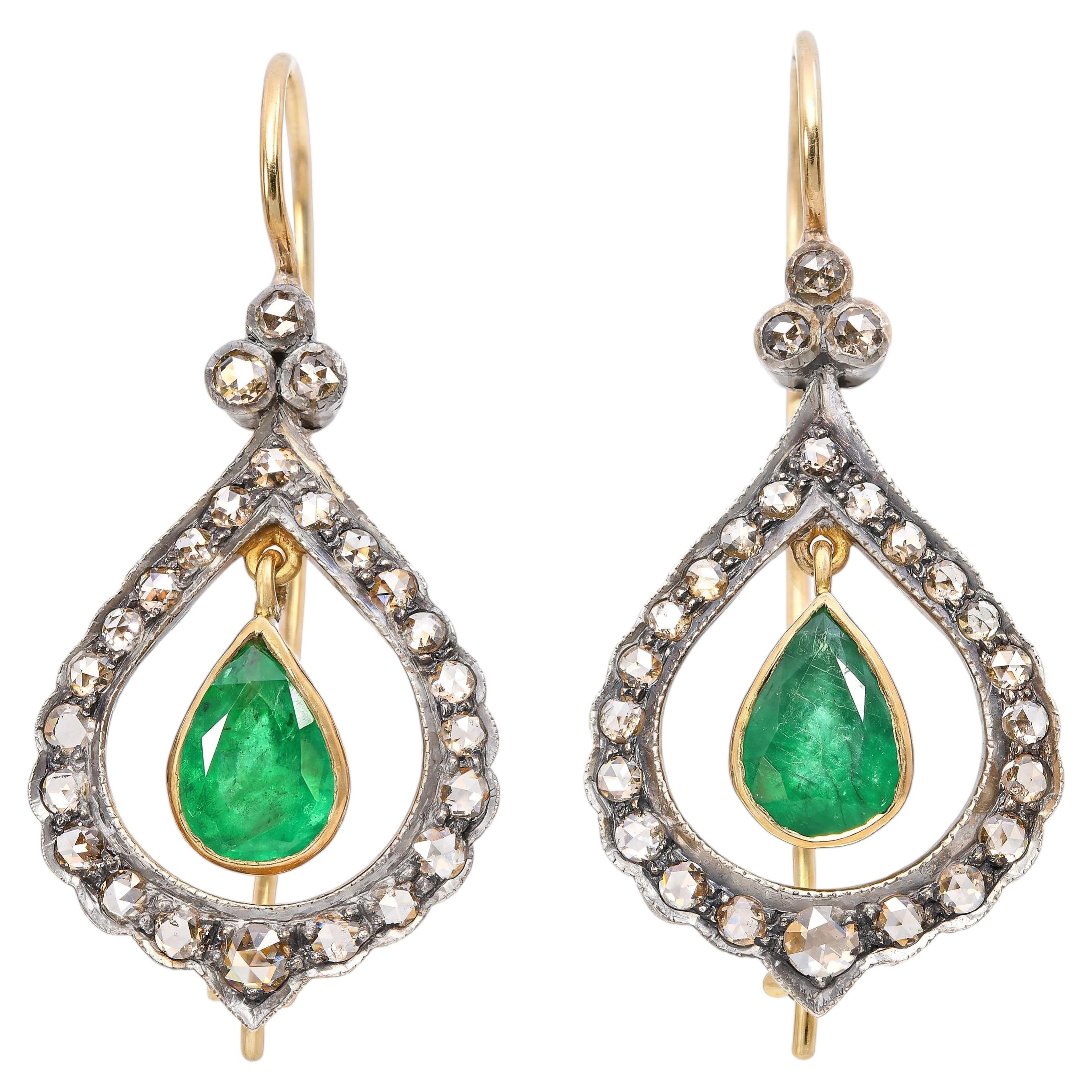Vintage 17k Yellow Gold & Silver 2.46ctw Emerald & Diamond Earrings