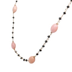 Vintage 18" Black Diamond(4.50ct) & Pink Opal Necklace in 14 Karat Yellow Gold