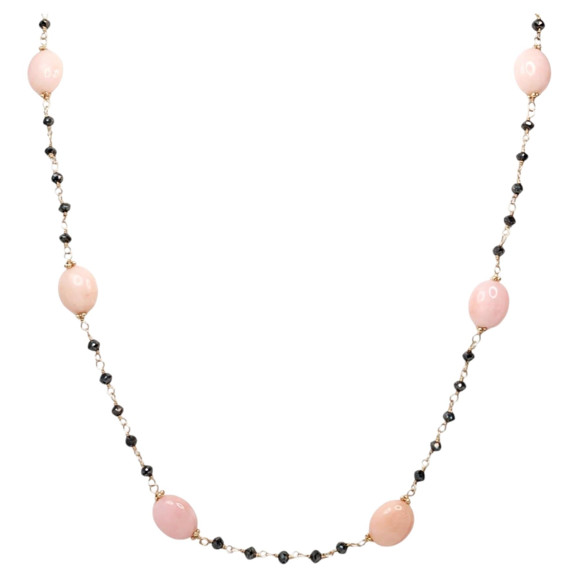 Vintage 18" Collier en or jaune 14 carats avec diamant noir (4.50ct) et opale rose