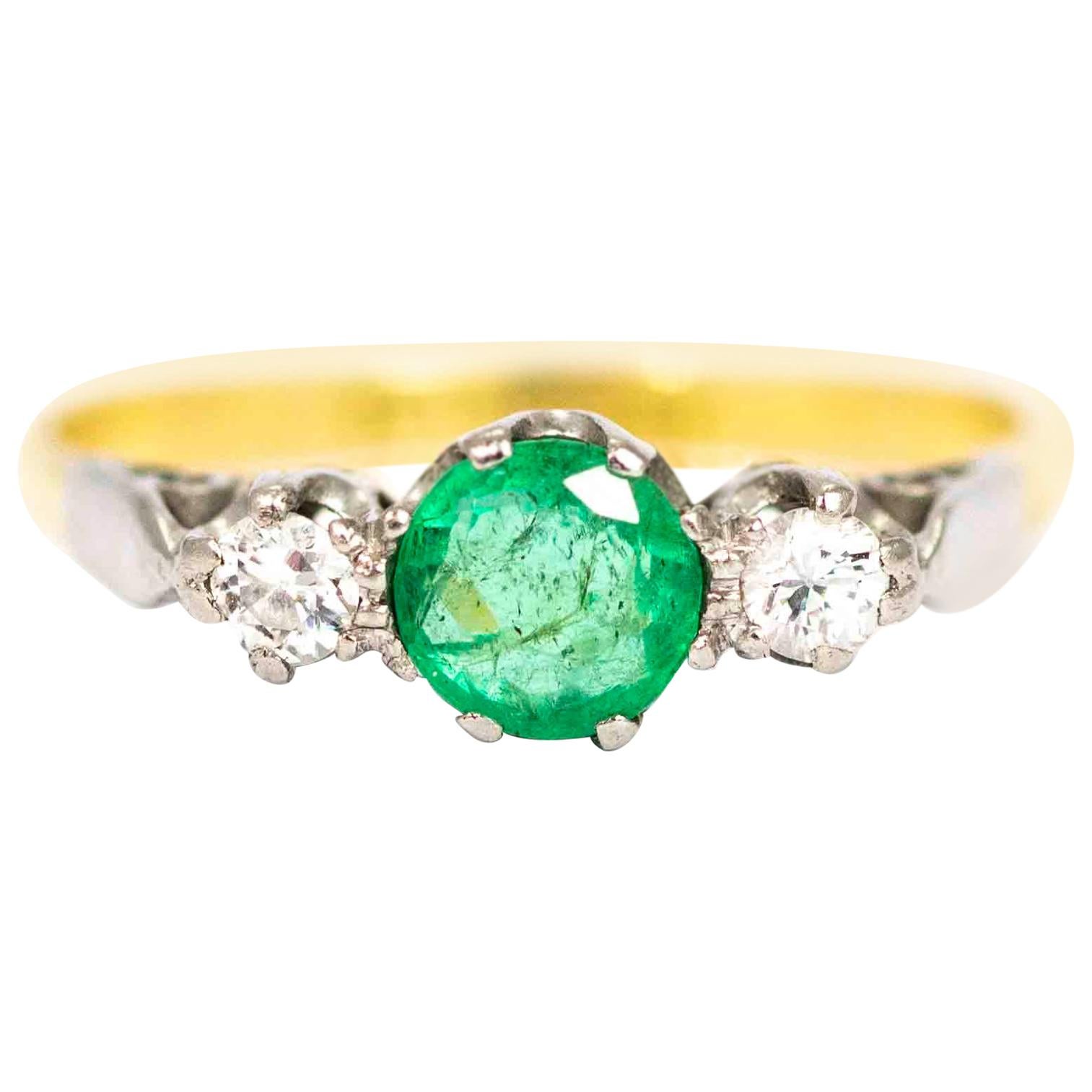 Vintage 18 Carat and Platinum Emerald and Diamond Three-Stone Ring For Sale