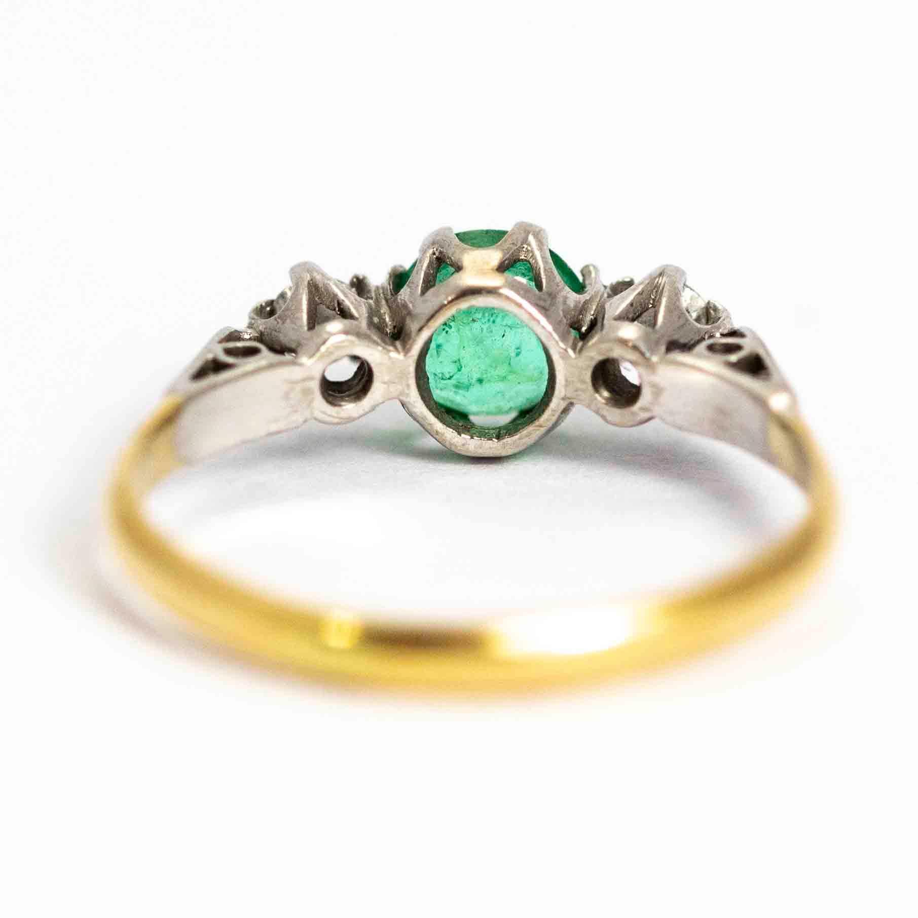 Vintage 18 Carat and Platinum Emerald and Diamond Three-Stone Ring In Good Condition For Sale In Chipping Campden, GB