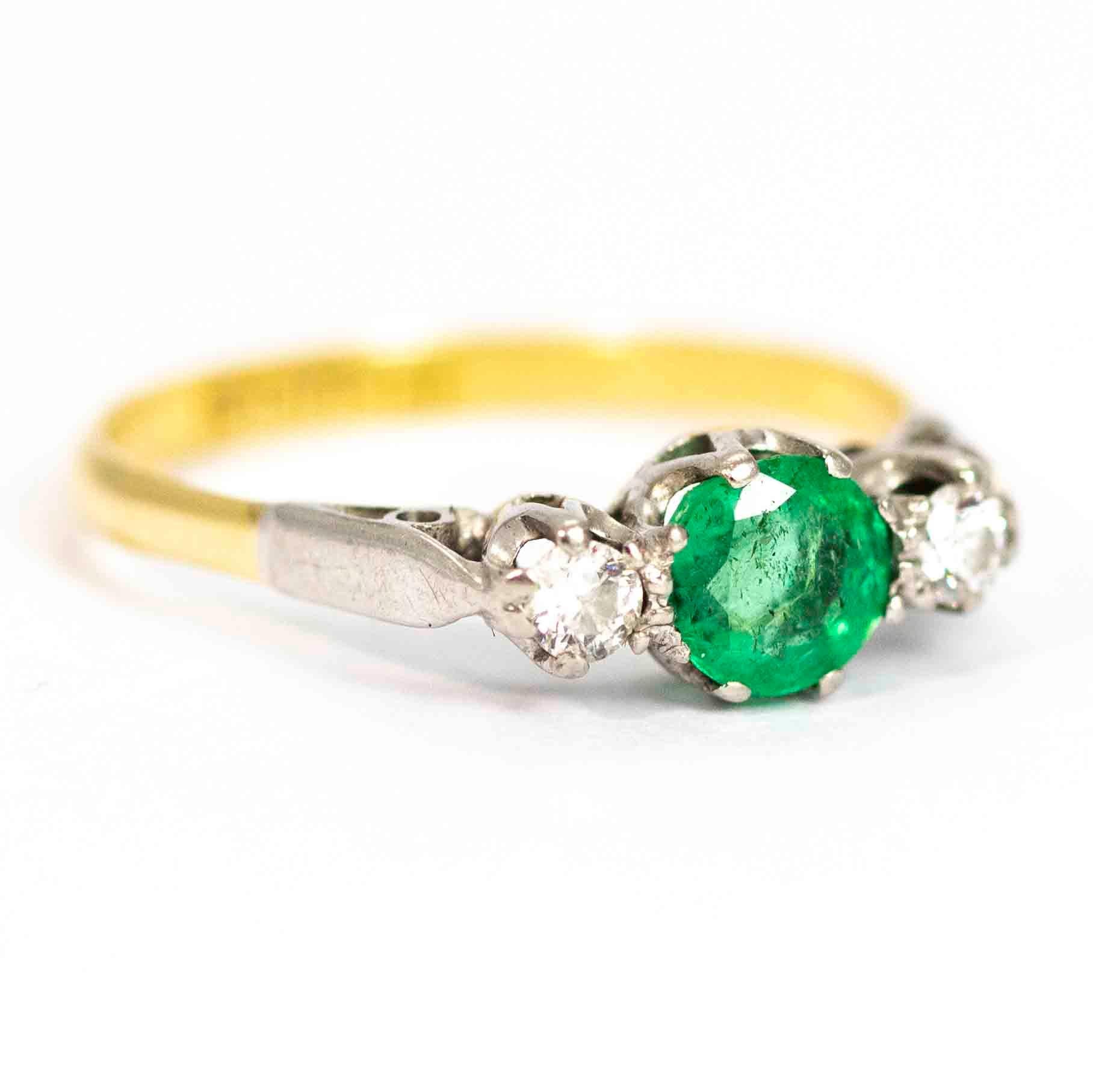 Vintage 18 Carat and Platinum Emerald and Diamond Three-Stone Ring For Sale 1