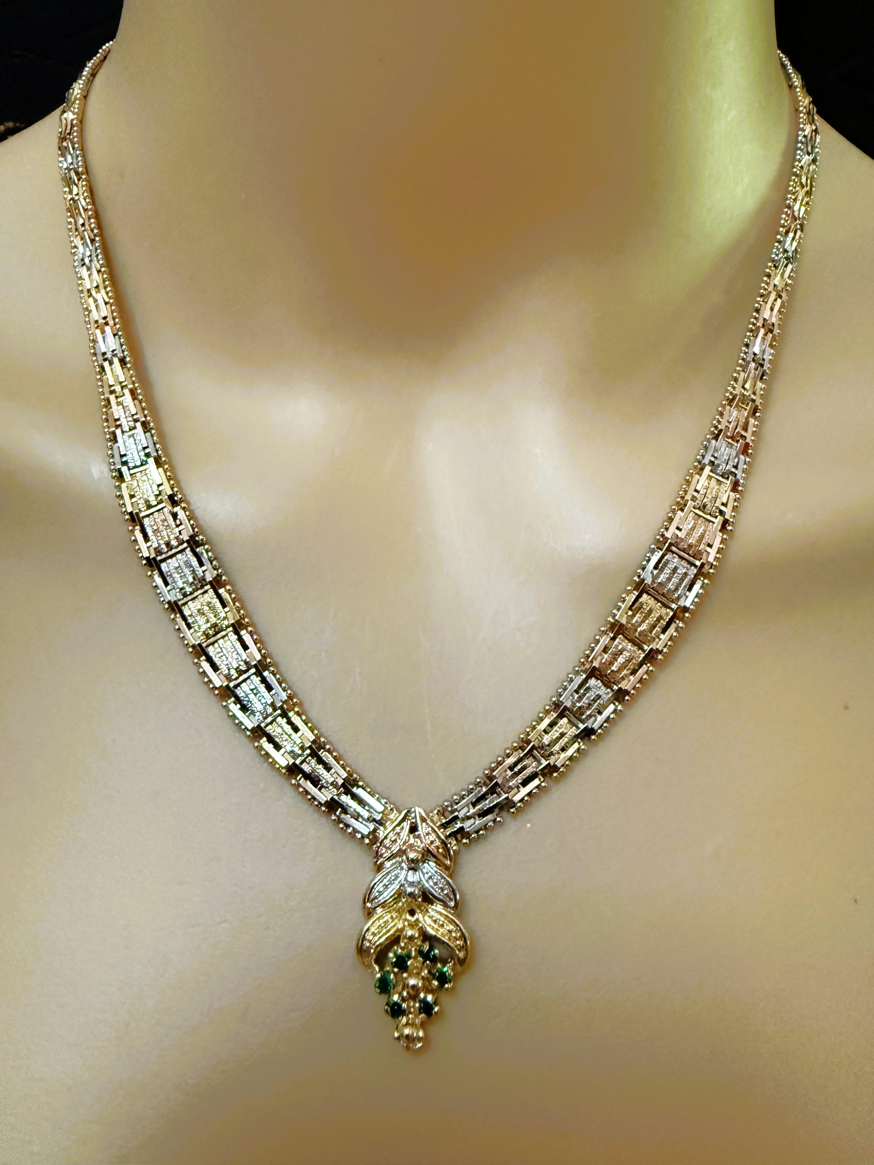Vintage .18 Carat Emerald 3-Tone Sterling Silver Vermeil Chevron Necklace 5