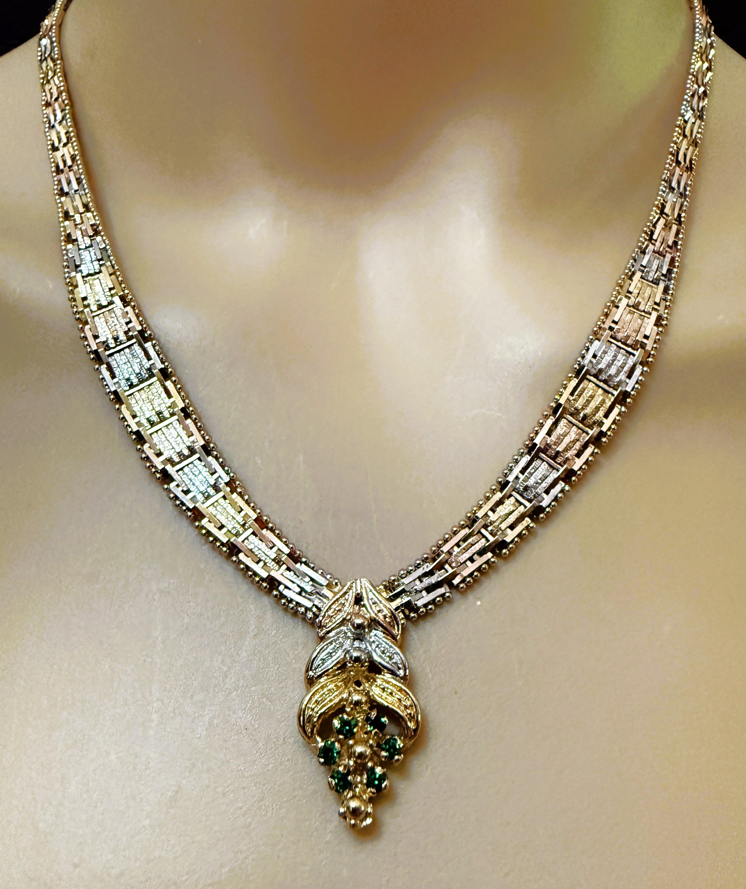 Vintage .18 Carat Emerald 3-Tone Sterling Silver Vermeil Chevron Necklace 6