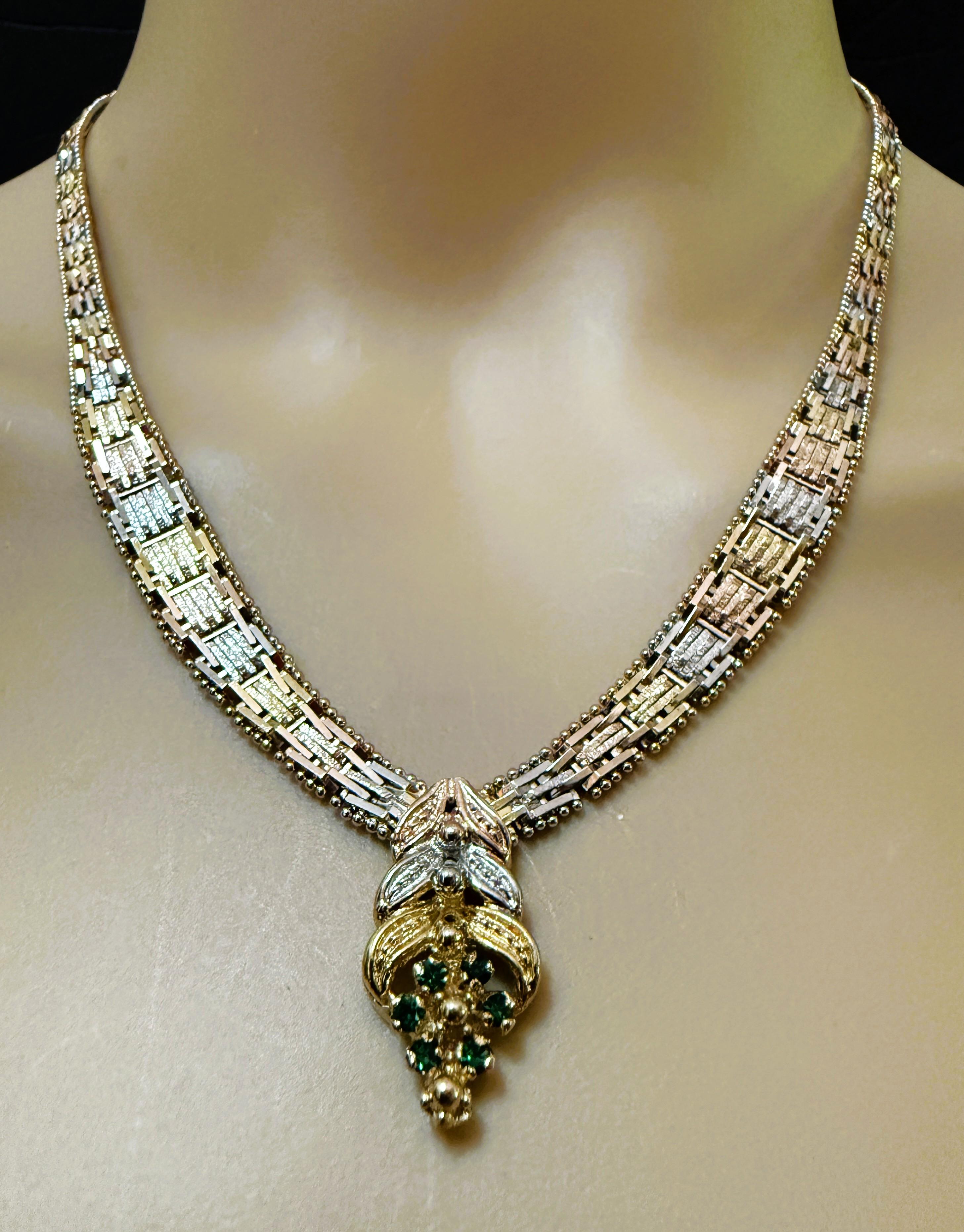 Vintage .18 Carat Emerald 3-Tone Sterling Silver Vermeil Chevron Necklace 7