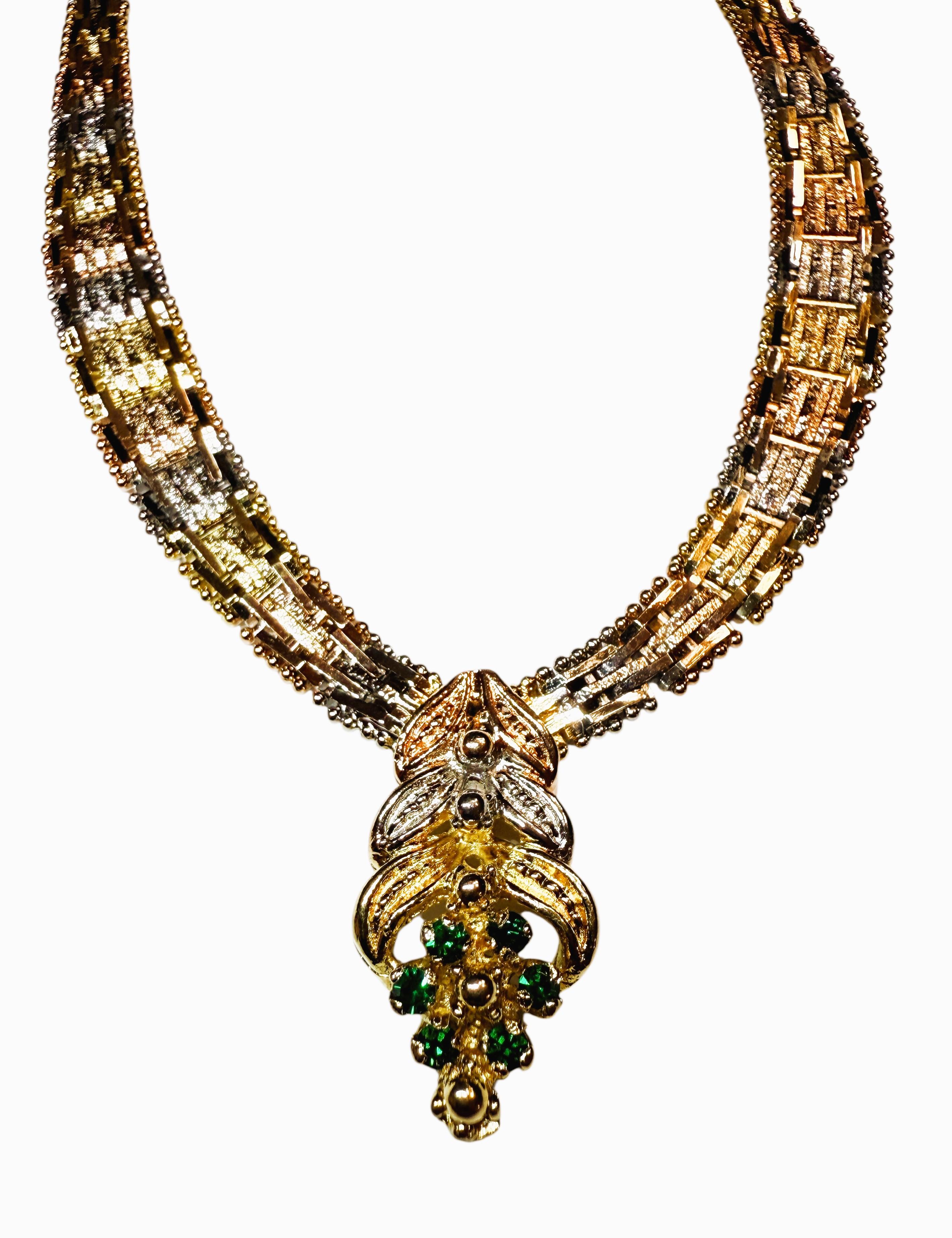 Art Deco Vintage .18 Carat Emerald 3-Tone Sterling Silver Vermeil Chevron Necklace