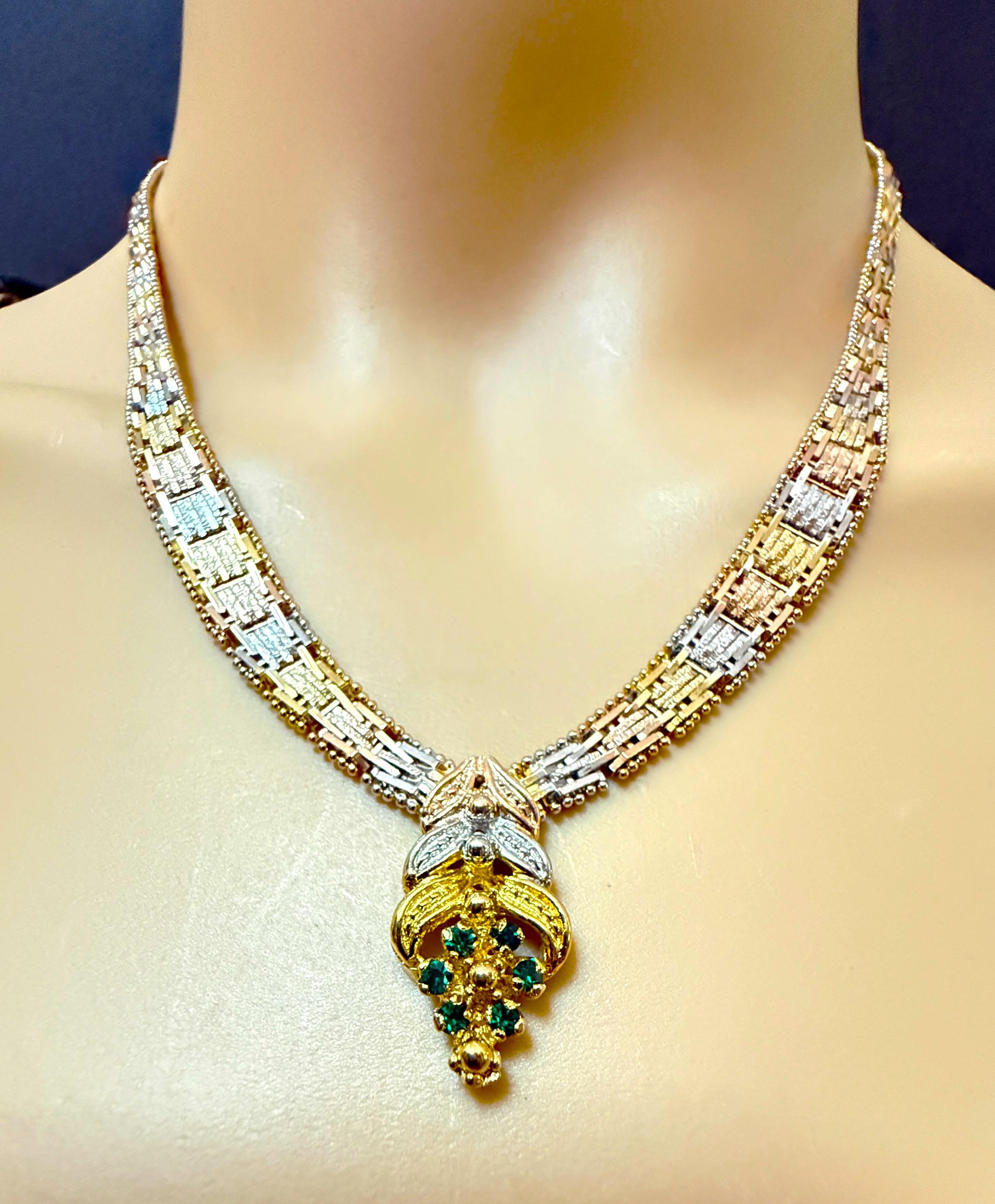Vintage .18 Carat Emerald 3-Tone Sterling Silver Vermeil Chevron Necklace 3