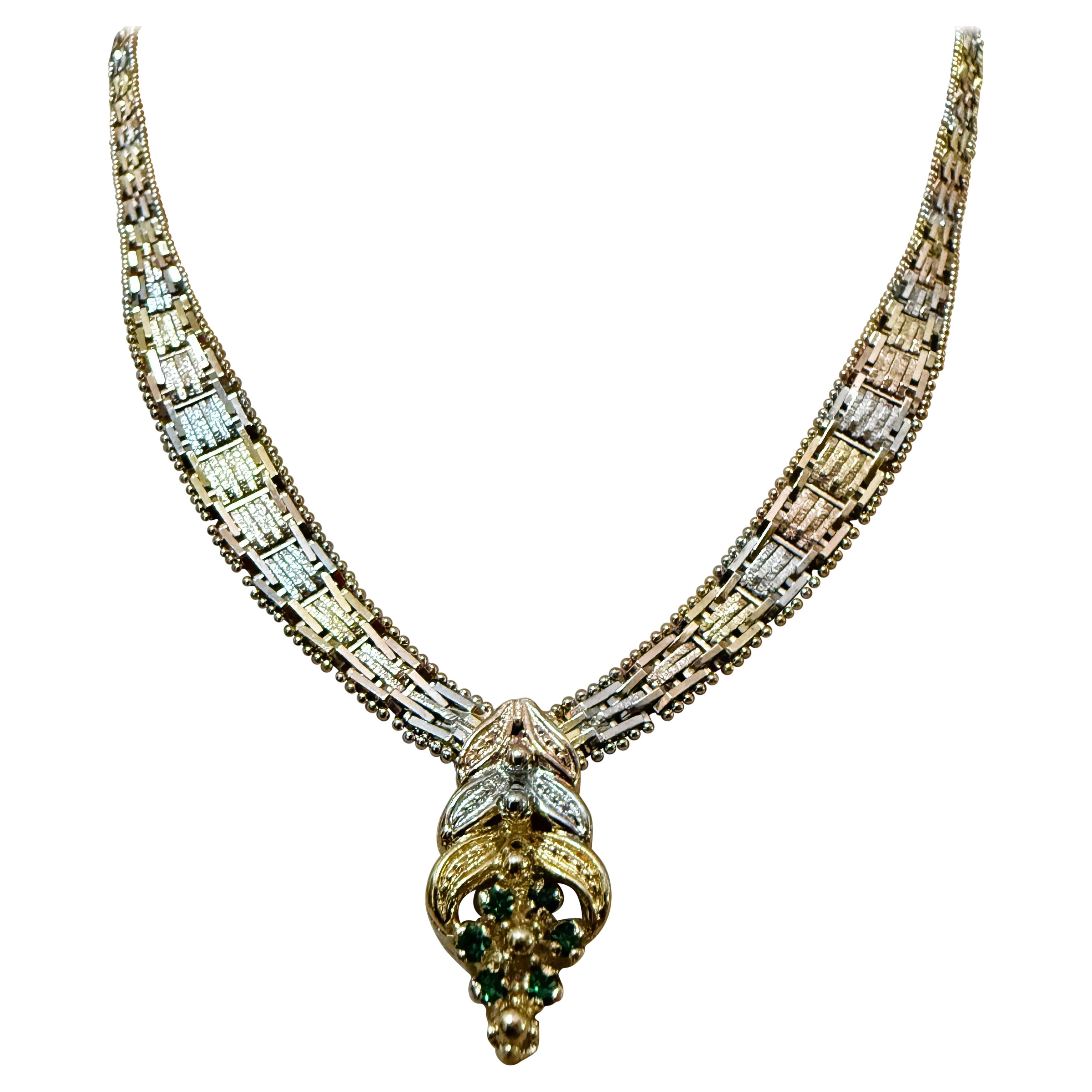 Vintage .18 Carat Emerald 3-Tone Sterling Silver Vermeil Chevron Necklace